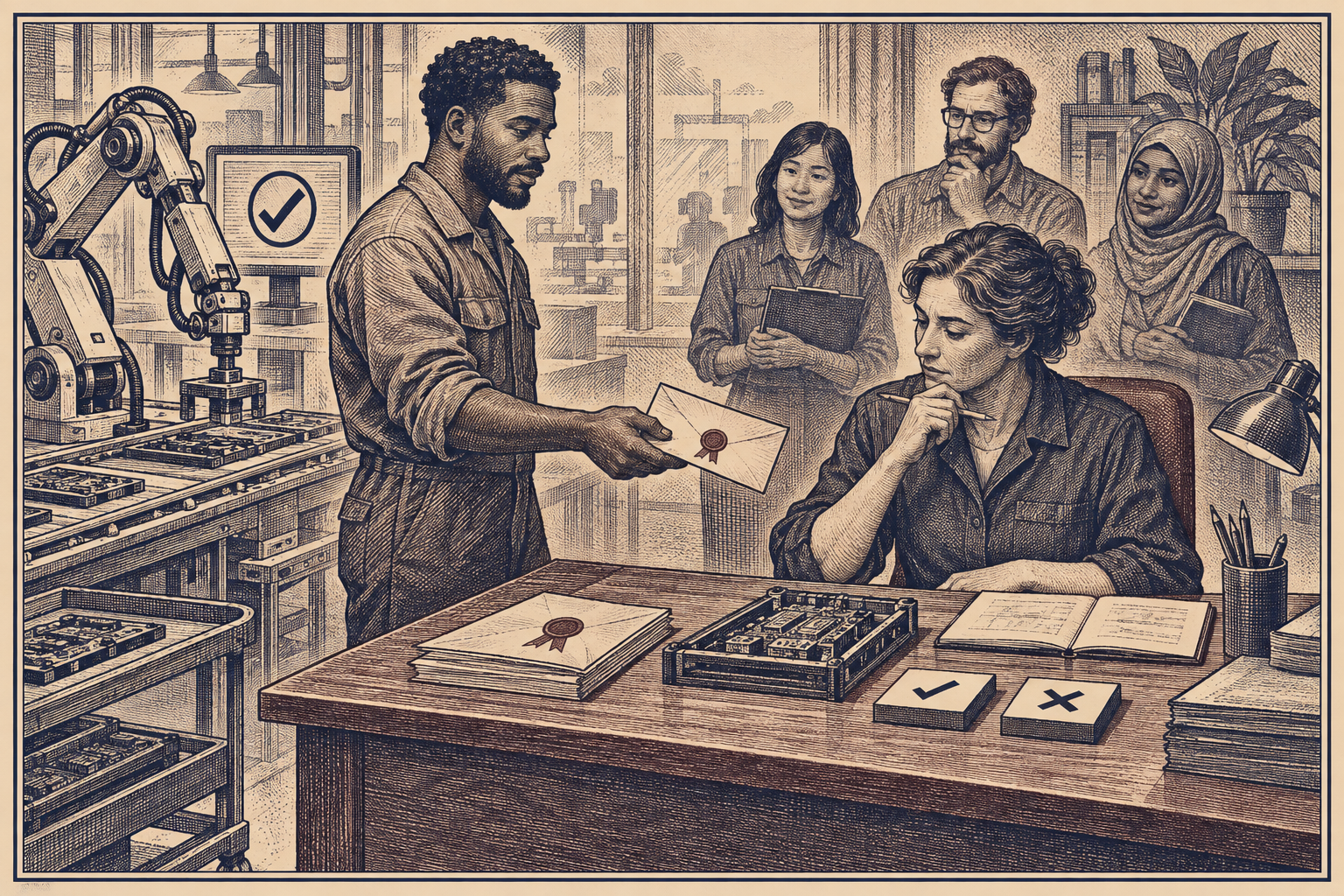 A worker hands a signed receipt to a maintainer who chooses between stop and merge.