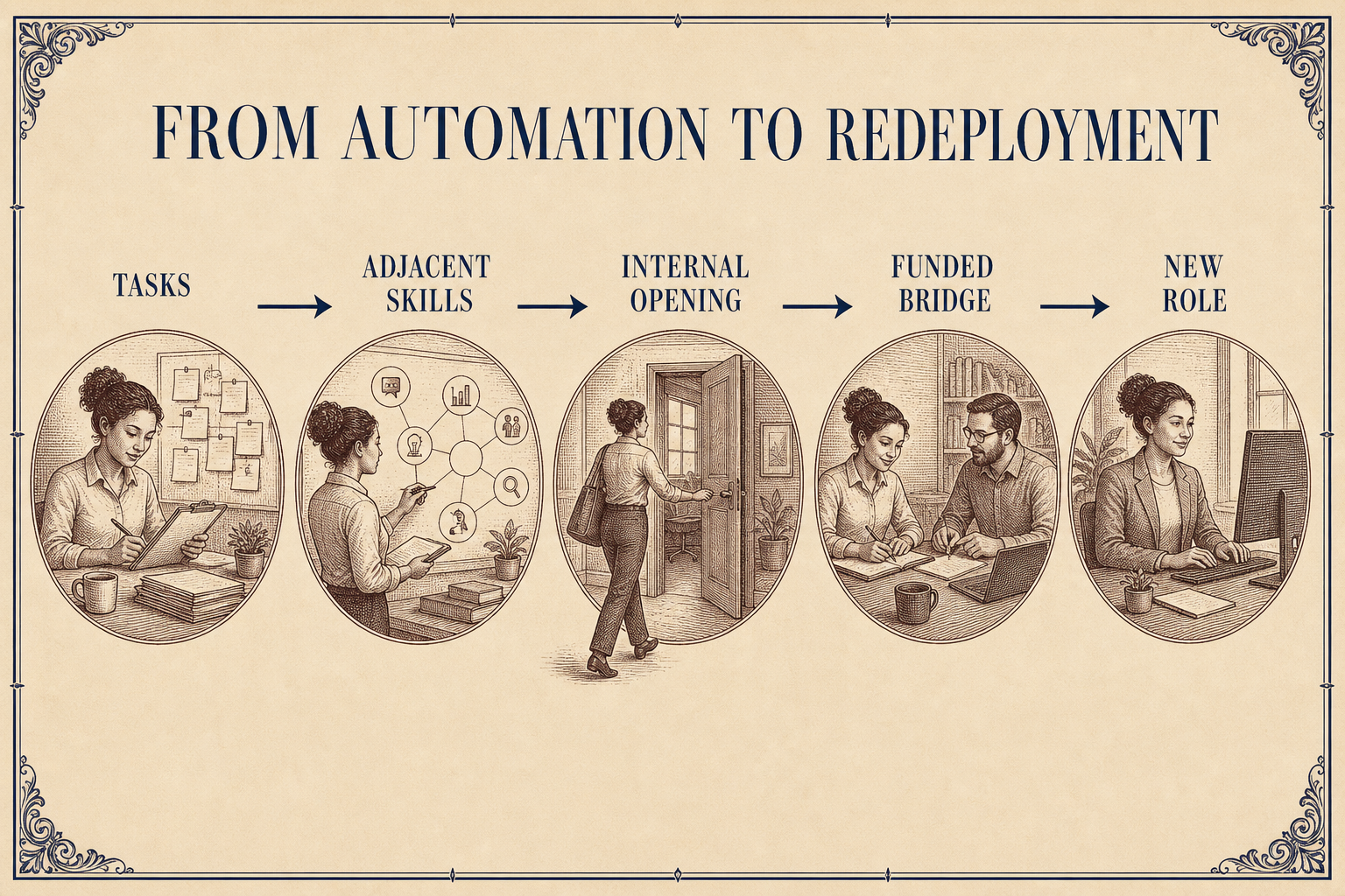 Automation becomes human-centered when it opens a measured path into new work.