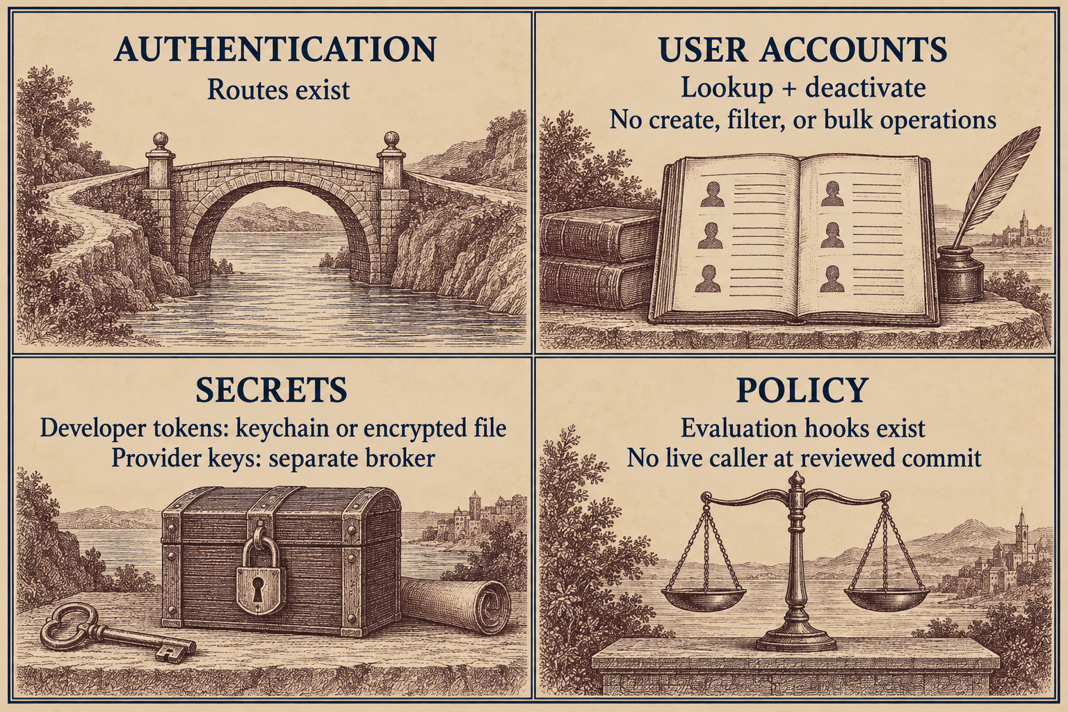 A neutral four-panel map reads: AUTHENTICATION, “Routes exist”; USER ACCOUNTS, “Lookup + deactivate” and “No create, filter, or bulk operations”; SECRETS, “Developer tokens: keychain or encrypted file” and “Provider keys: separate broker”; POLICY, “Evaluation hooks exist” and “No live caller at reviewed commit.” The map distinguishes available authentication, partial account provisioning, separate credential paths, and policy hooks without a caller in the reviewed code.