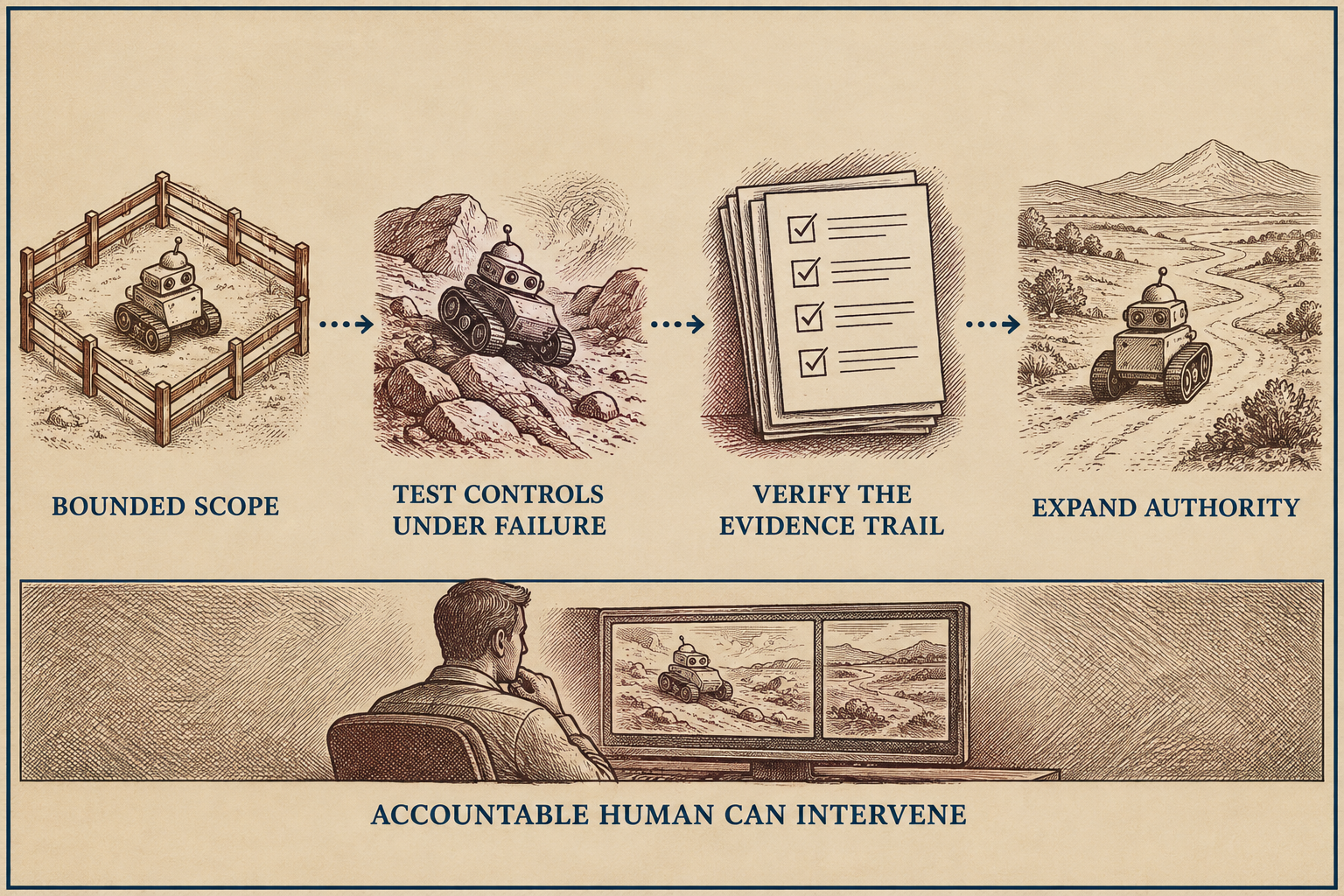 Four left-to-right stages read “BOUNDED SCOPE,” “TEST CONTROLS UNDER FAILURE,” “VERIFY THE EVIDENCE TRAIL,” and “EXPAND AUTHORITY,” joined by three dotted arrows. A band beneath all four stages reads “ACCOUNTABLE HUMAN CAN INTERVENE.” The sequence places bounded testing and evidence verification before expanded authority, while keeping a responsible person able to intervene throughout.