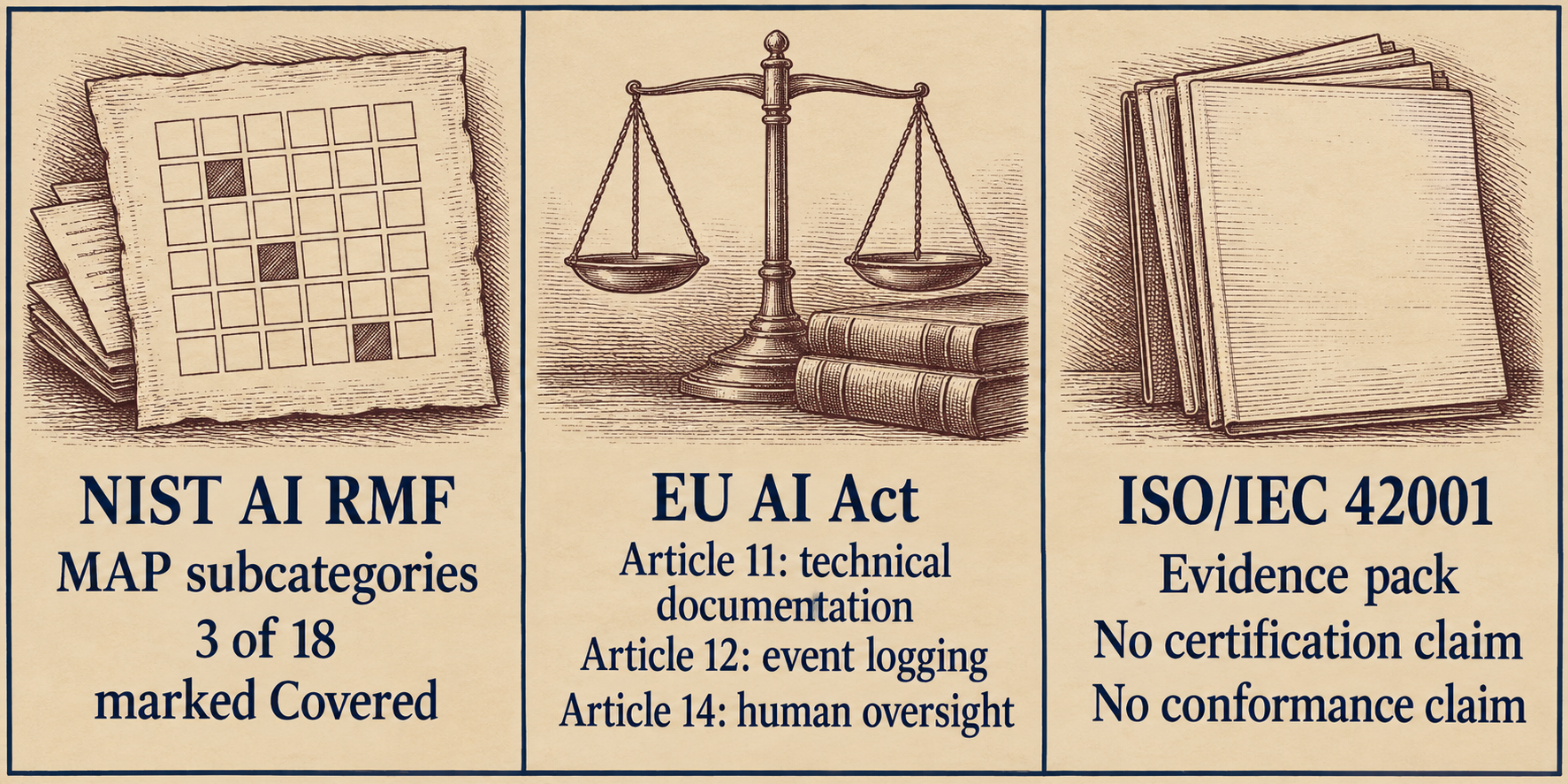 A three-panel evidence map distinguishes three frameworks. Panel one reads “NIST AI RMF” (the National Institute of Standards and Technology’s AI Risk Management Framework), “MAP subcategories,” “3 of 18,” and “marked Covered.” Panel two reads “EU AI Act” (the European Union’s Artificial Intelligence Act), “Article 11: technical documentation,” “Article 12: event logging,” and “Article 14: human oversight.” Panel three reads “ISO/IEC 42001,” “Evidence pack,” “No certification claim,” and “No conformance claim.” The panels separate a software coverage map, regulatory documentation and logging duties, human oversight, and a project evidence pack’s limits.