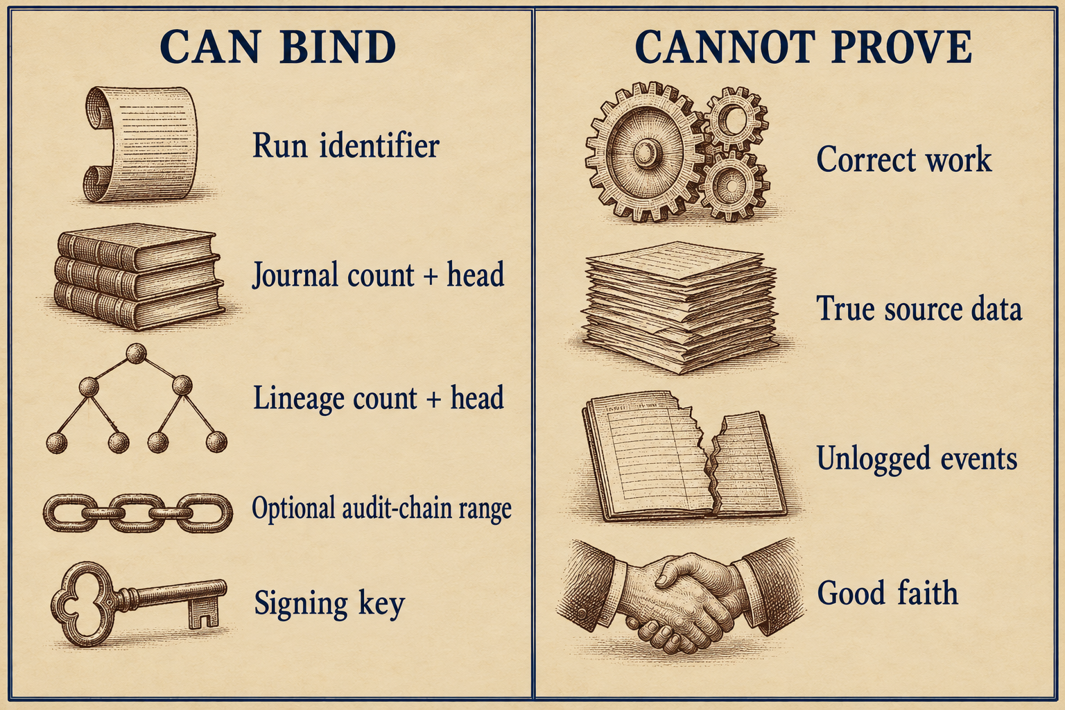 A two-panel comparison is headed “CAN BIND” and “CANNOT PROVE.” The CAN BIND panel lists “Run identifier,” “Journal count + head,” “Lineage count + head,” “Optional audit-chain range,” and “Signing key.” The CANNOT PROVE panel lists “Correct work,” “True source data,” “Unlogged events,” and “Good faith.” The plate separates recorded fields a receipt can bind from facts it cannot establish.