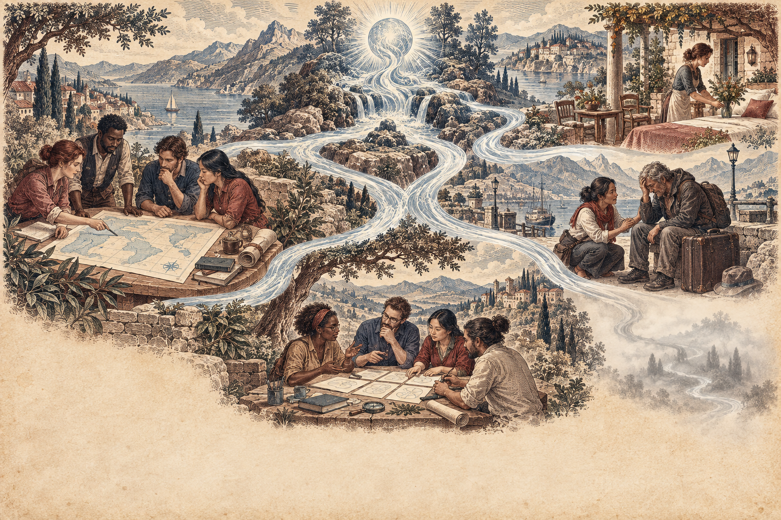 Vintage engraving of recovered work capacity flowing into products, service, hosts, learning, and an unresolved branch