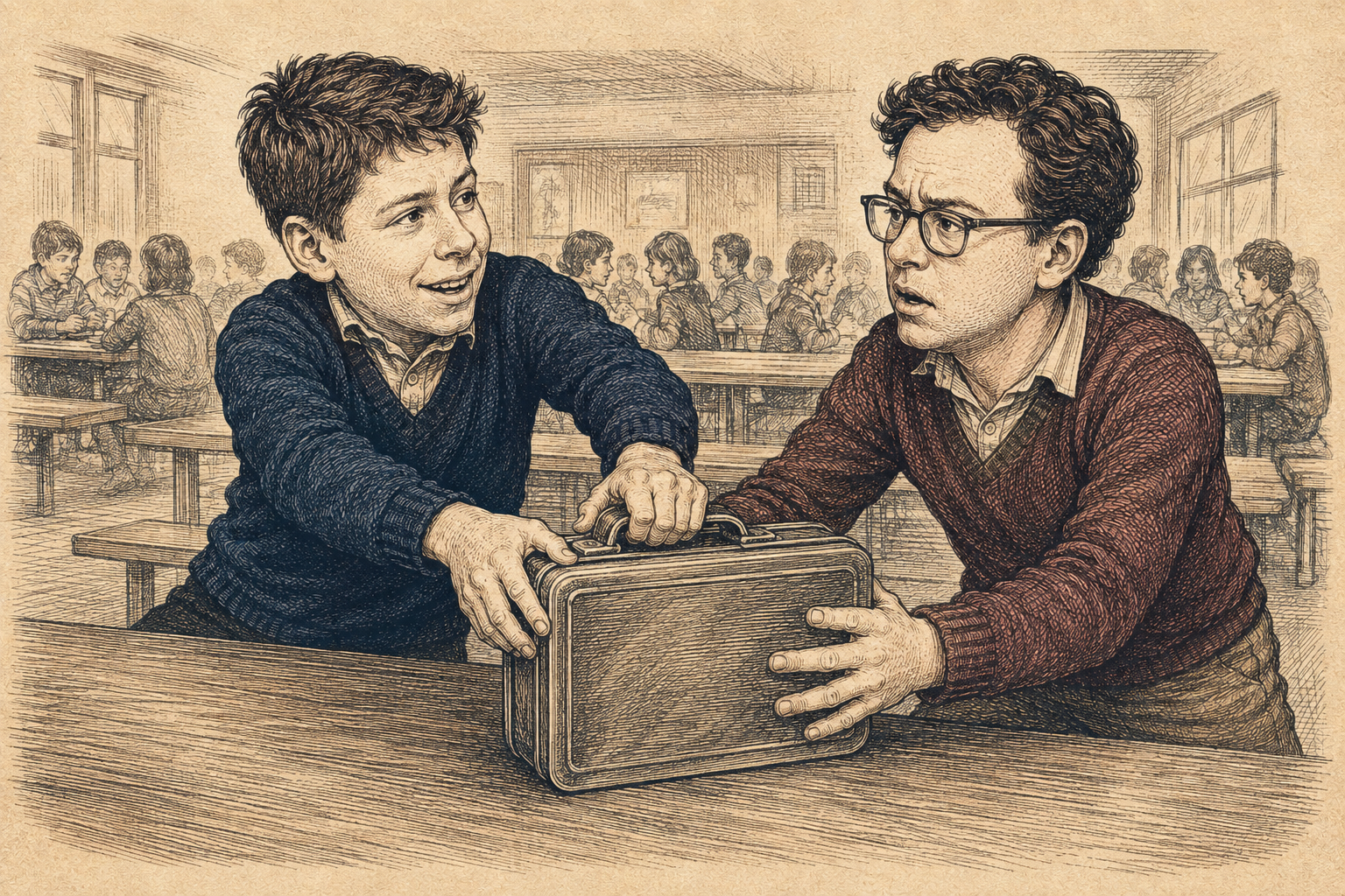 Engraved editorial illustration of schoolchildren tugging at one lunchbox, a metaphor for OpenAI GPT-6 Astra competing with Anthropic Claude Fable 5.1.