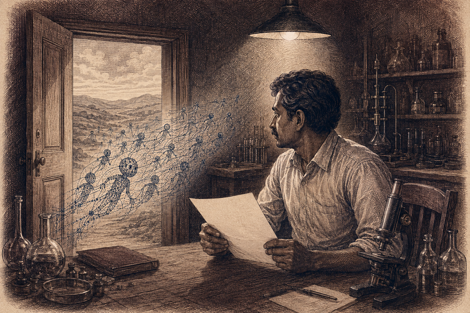 Engraved illustration of small agent forms streaming out of a laboratory door toward open country while a researcher watches from a desk.
