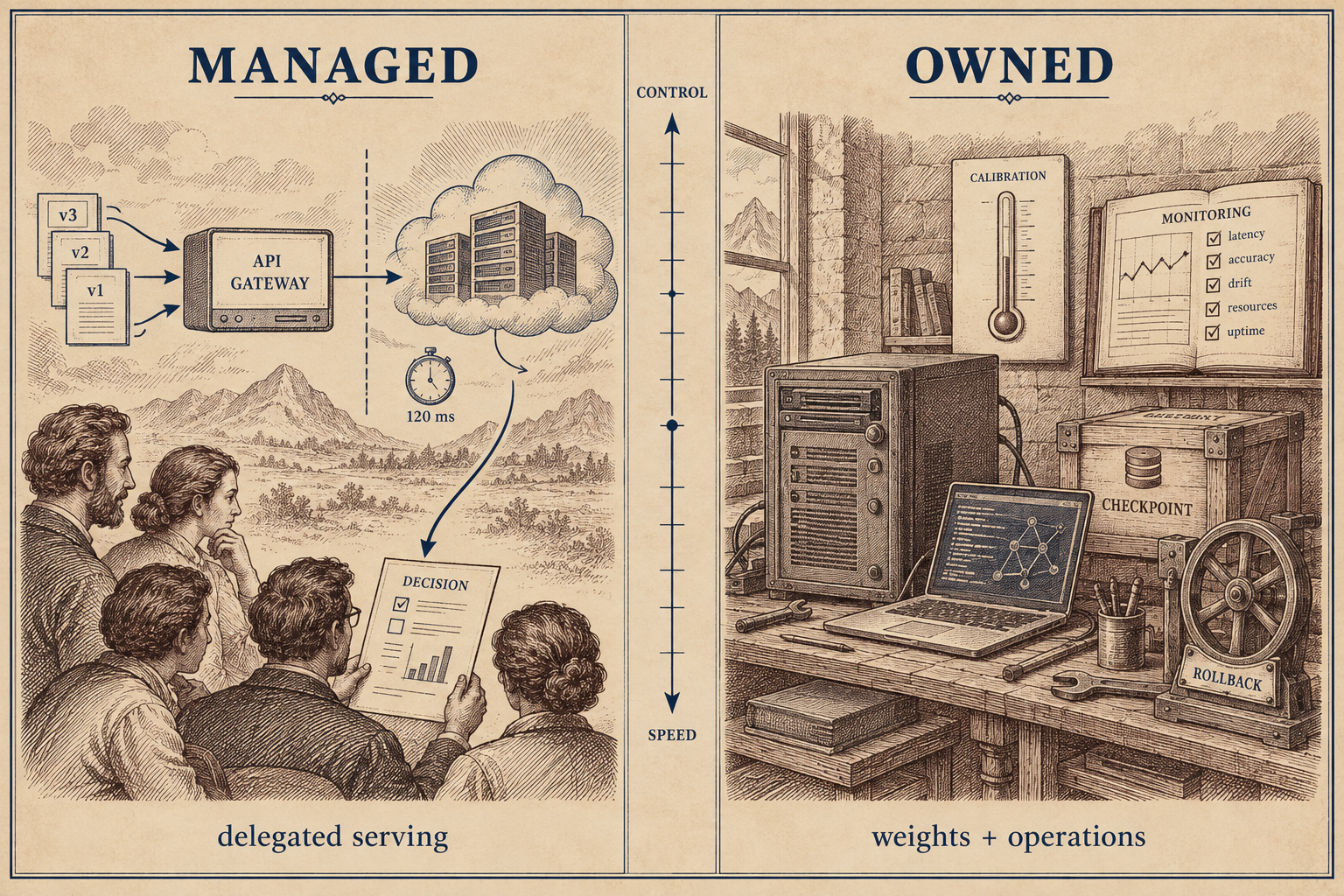 A side-by-side plate compares two adoption paths for decision models. The MANAGED panel shows versioned requests moving through an API gateway and cloud service to a team receiving a decision packet, labeled delegated serving. The OWNED panel shows a local server, laptop, checkpoint, calibration, monitoring, and rollback controls, labeled weights plus operations. A center scale marks control and speed.