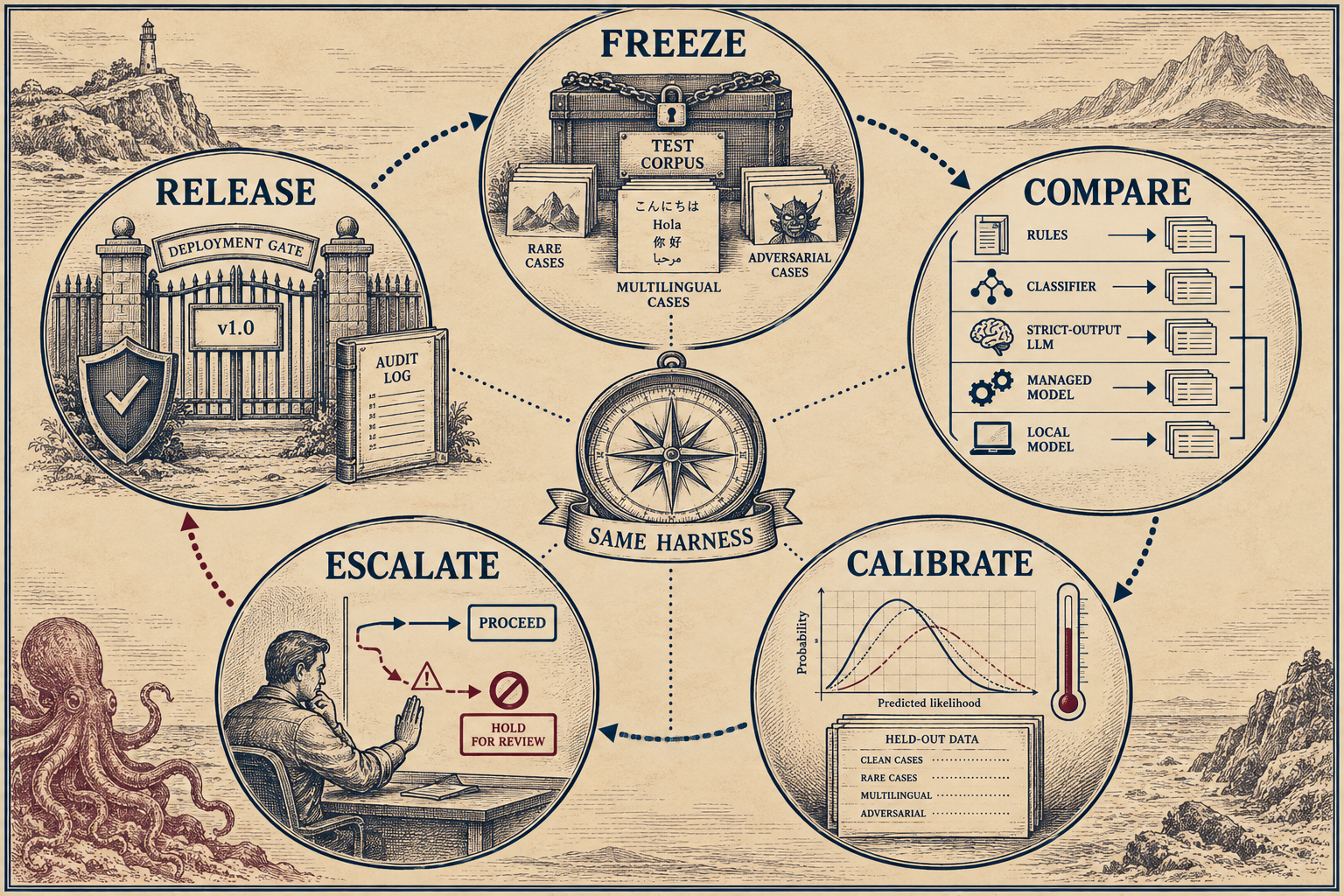 A circular evaluation loop has five labeled stations: FREEZE, COMPARE, CALIBRATE, ESCALATE, and RELEASE, surrounding a central SAME HARNESS compass. Freeze contains rare, multilingual, and adversarial cases. Compare contains rules, classifier, strict-output LLM, managed model, and local model lanes. Calibrate shows held-out data and probability curves. Escalate shows a reviewer stopping a risky path. Release shows a deployment gate and audit log.