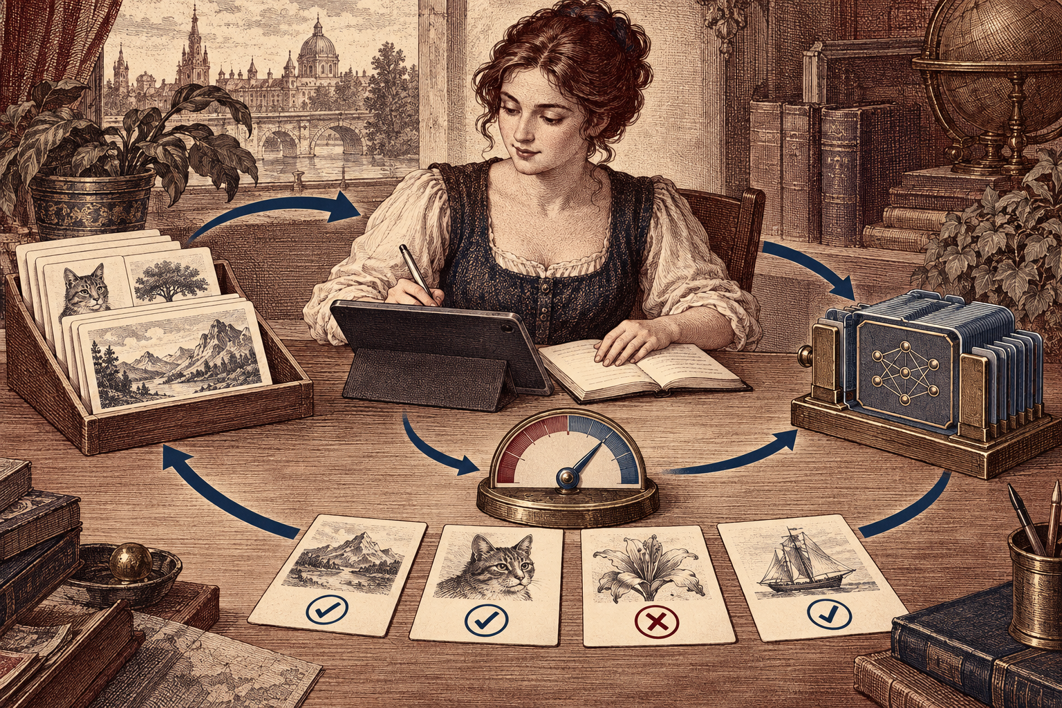 A human evaluator guides a feedback loop from task examples through scoring to reusable adapters.