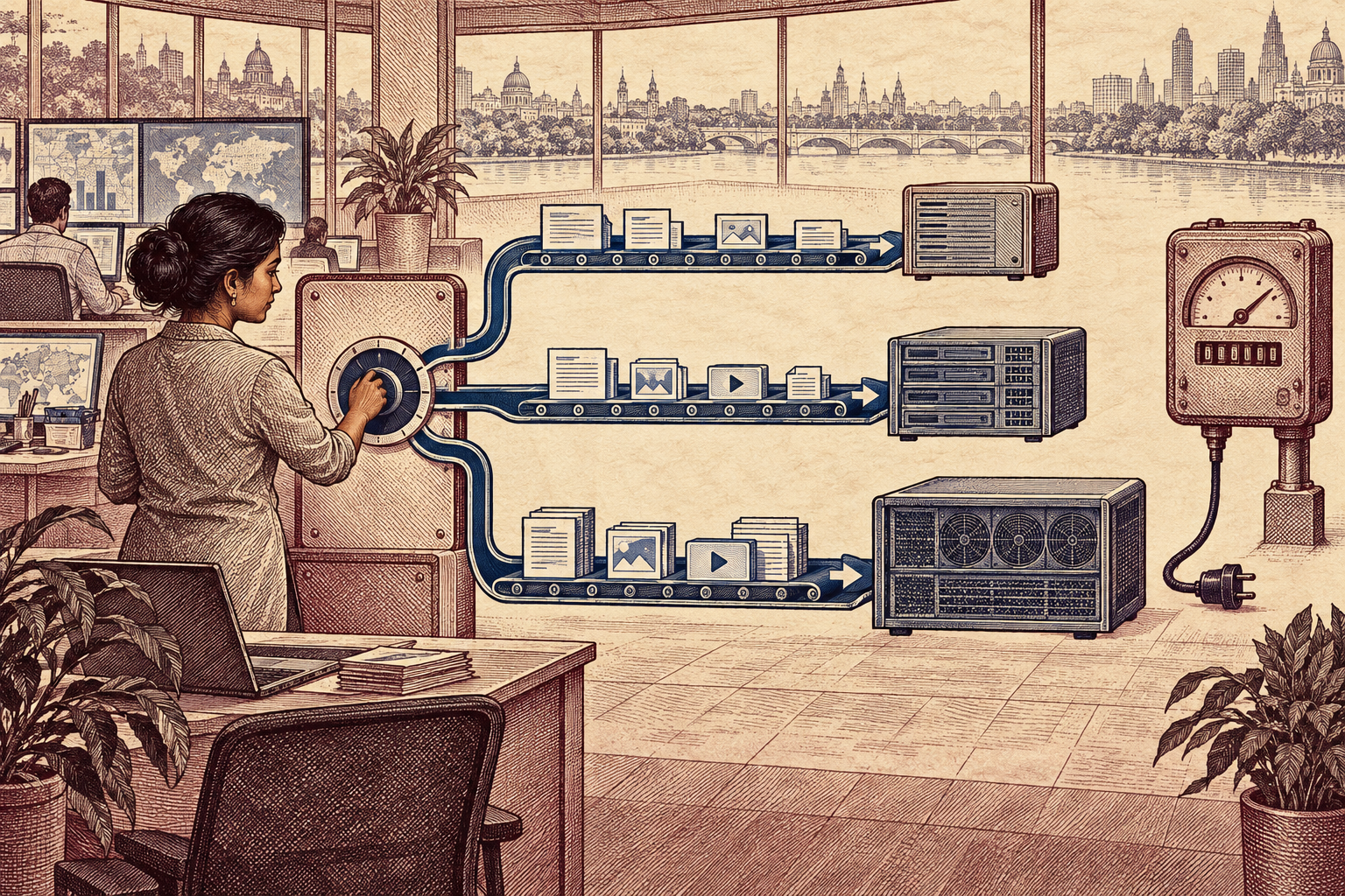 An operator routes work across three model lanes while a disconnected billing meter sits aside.