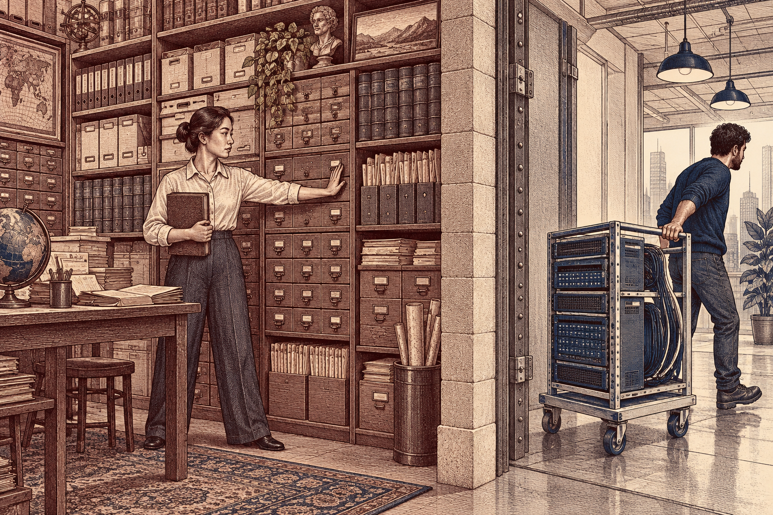 An archivist preserves organizational records while a removable model engine waits outside the archive.