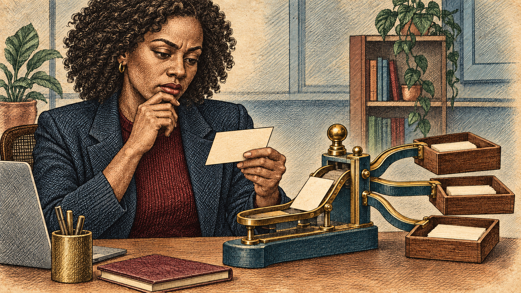 A woman studies a case card beside a sorting mechanism that directs information into separate trays.