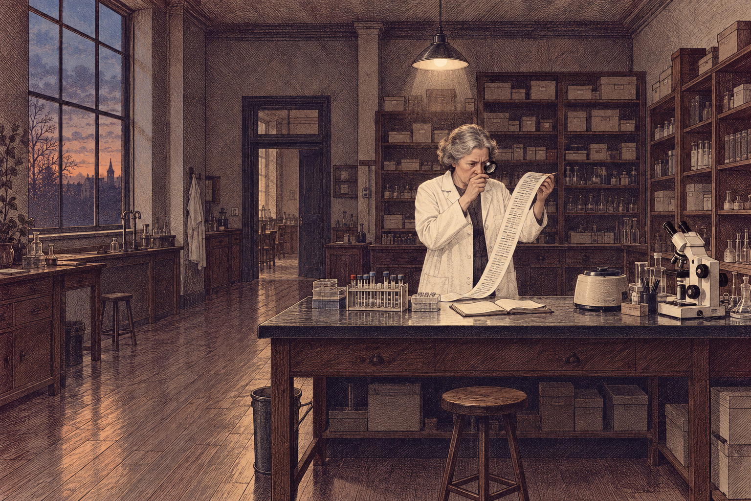 A gray-haired scientist in a lab coat examining a long printout with a magnifying loupe at a laboratory bench.