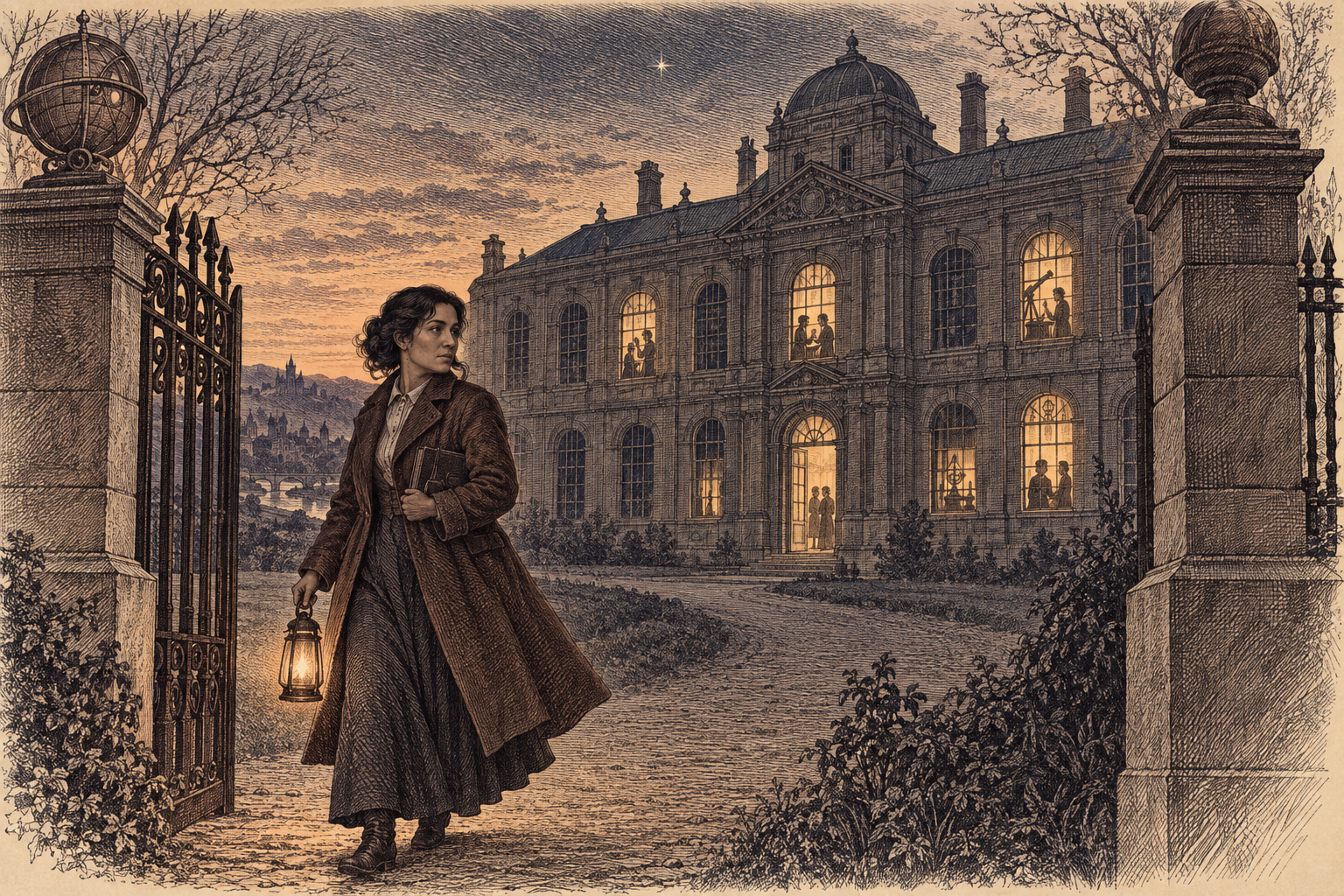 A researcher carrying a lit lantern walks out through a laboratory gate at dusk, looking back toward windows where colleagues still work.