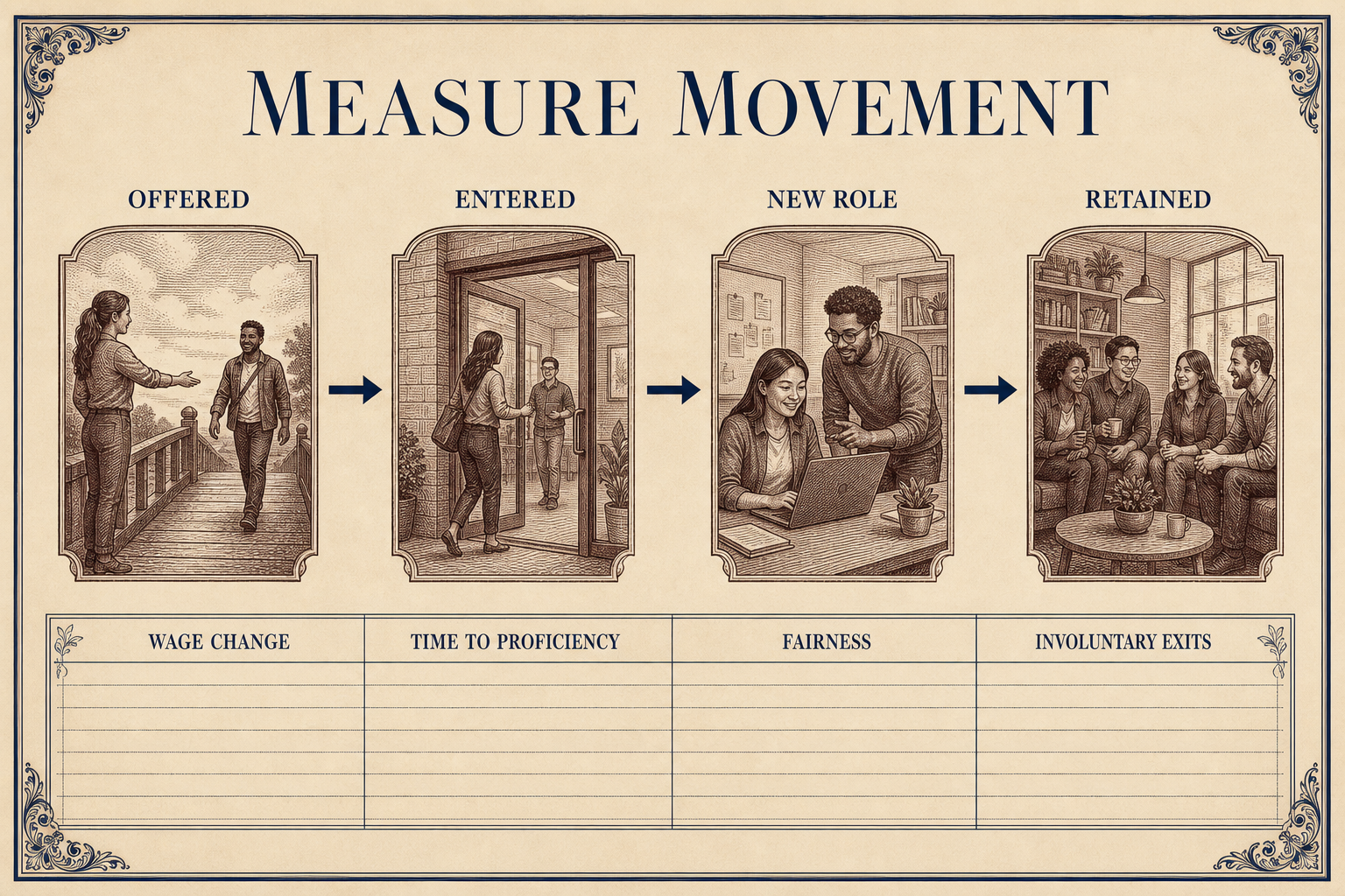 A human-centered strategy measures transitions, pay, retention, and role quality, not training activity alone.