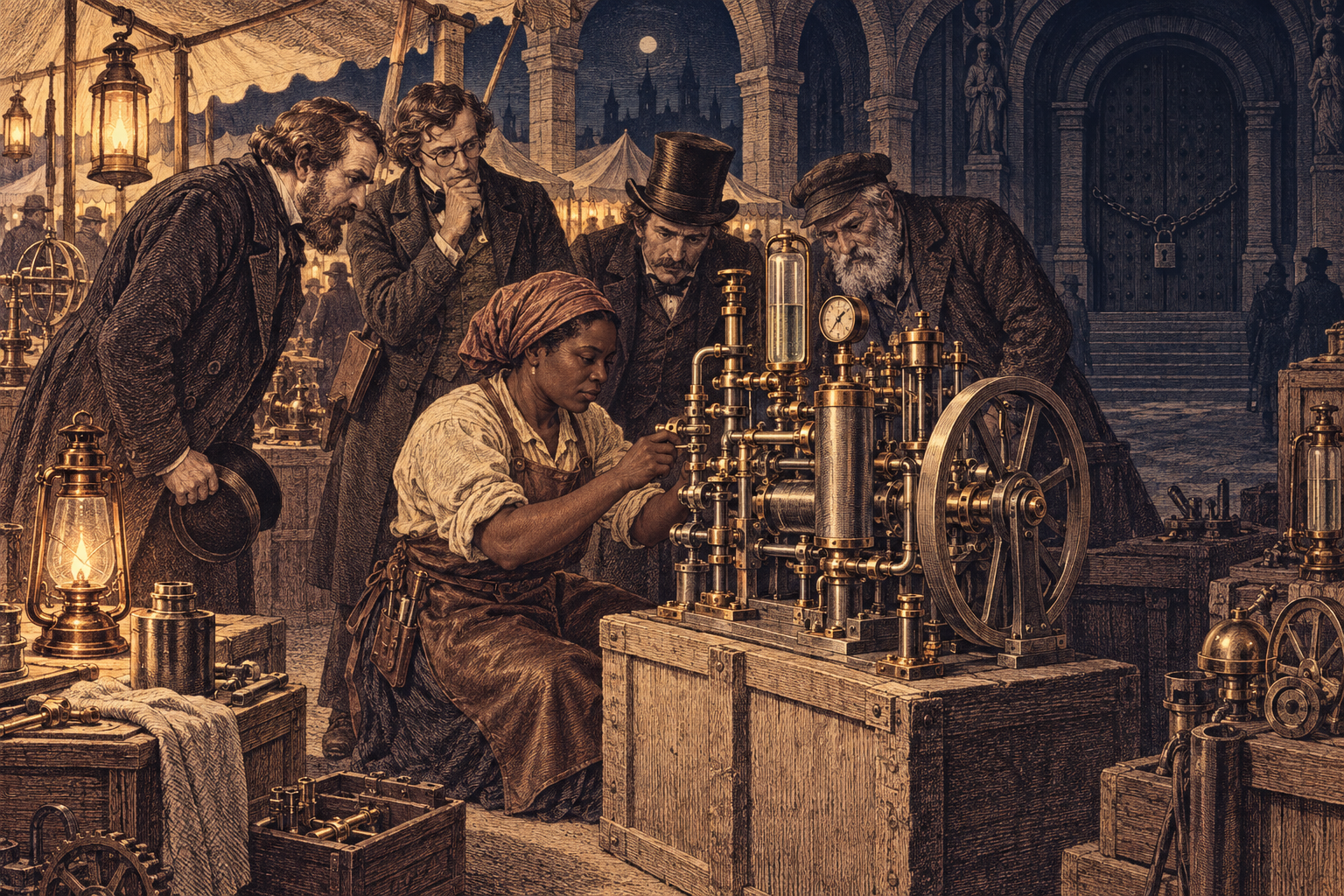 Engineers gather around a compact precision engine at a lantern-lit market stall, a chained hall standing dark in the background.