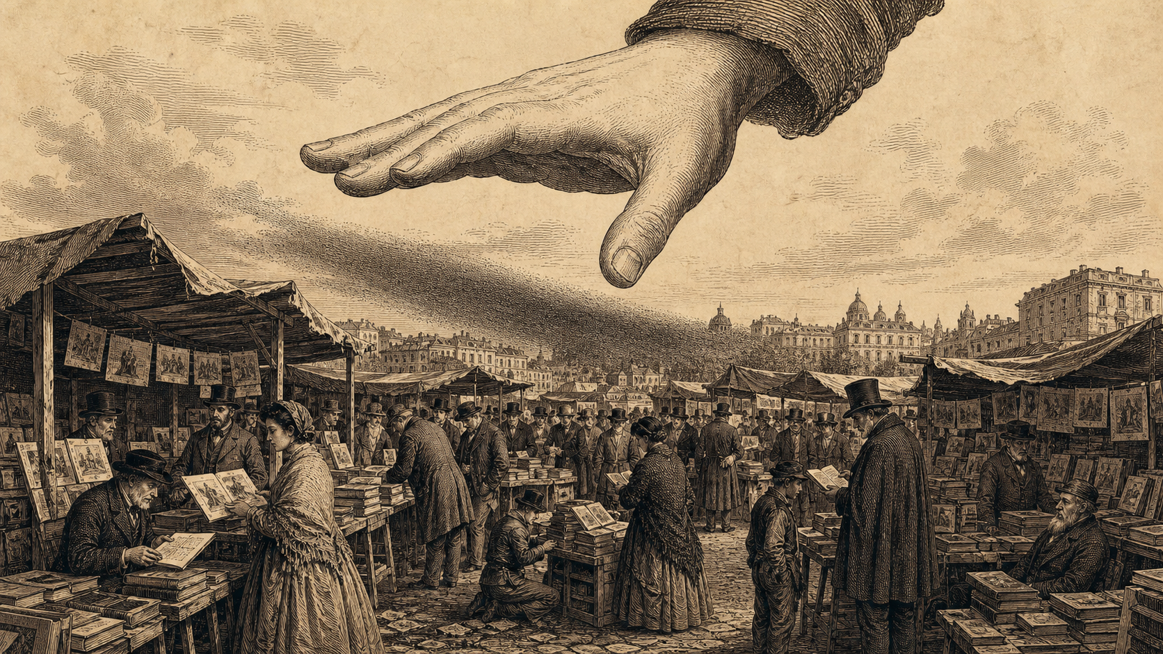 Engraved illustration of a crowded open-air model market with a large disembodied hand descending over the stalls.