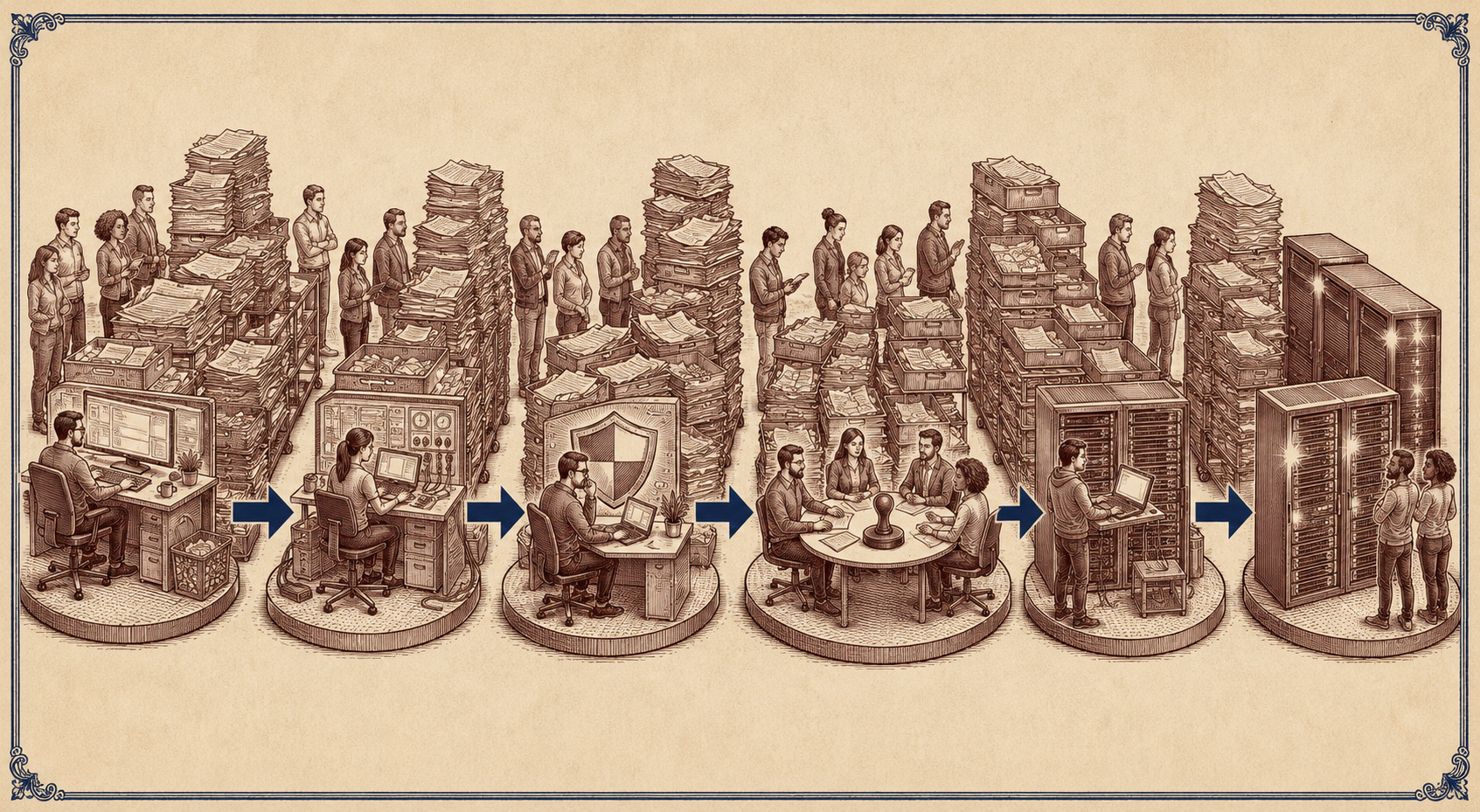 A software delivery flow with compact workstations separated by large queues of unfinished work and people waiting between teams.