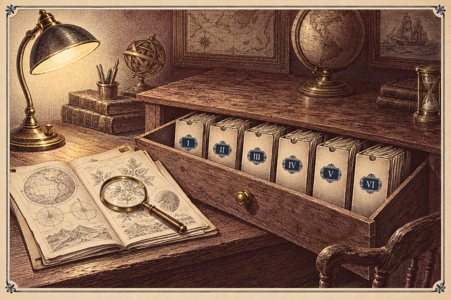 An engraved desk drawer holding six numbered dossier folders, one open beside a brass magnifying glass.