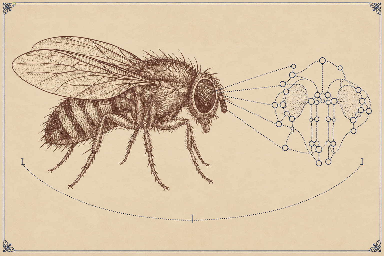 An engraved fruit fly beside a small dotted wiring diagram of its brain.
