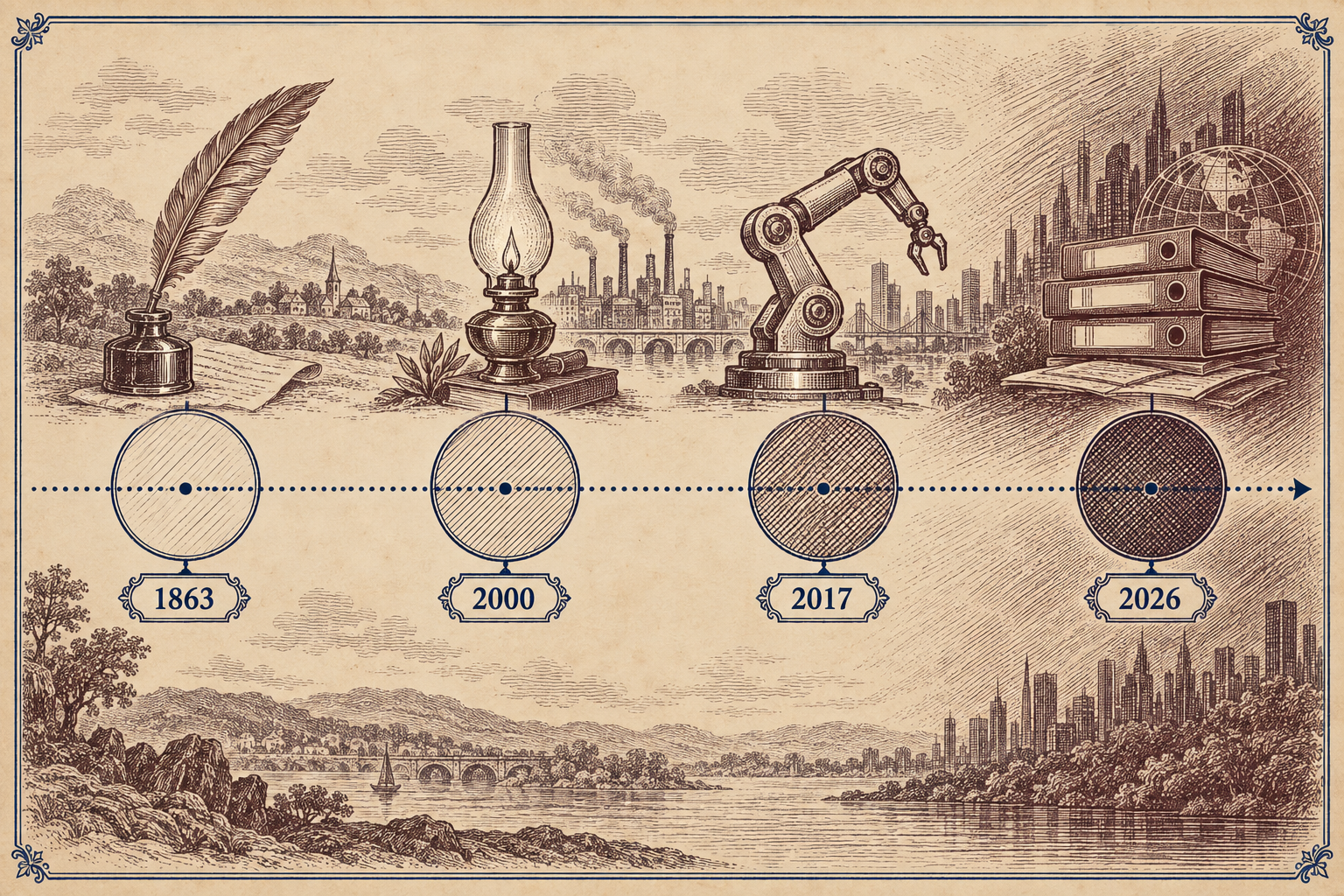 An engraved timeline plate with four milestone icons growing in density, from quill pen to report binders.