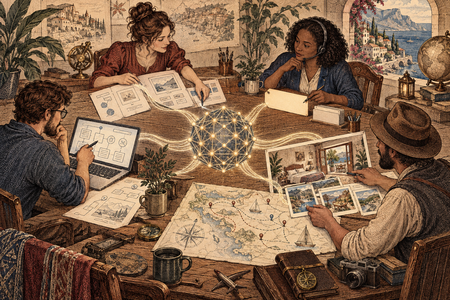 Vintage engraving of people checking AI suggestions across search, support, host tools, and product design