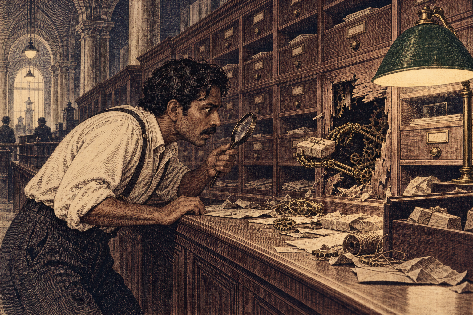 A clerk at a registry counter examines a broken-open slot with a magnifying glass as small clockwork arms pass parcels through the gap.