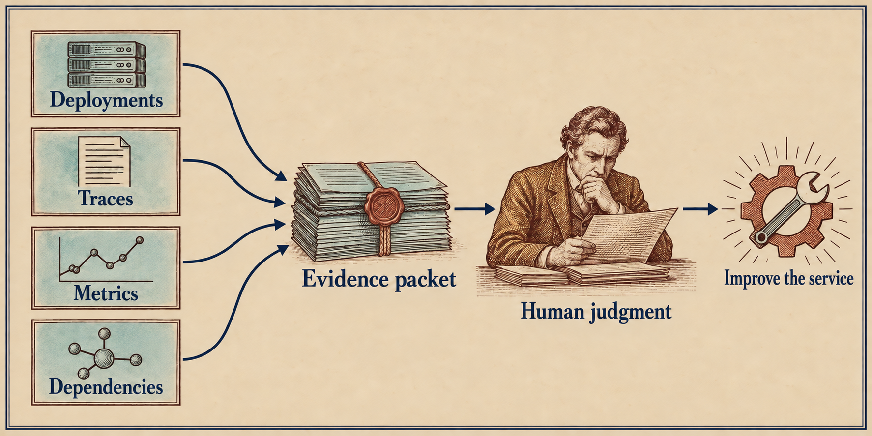 An engraved left-to-right process diagram. Four source boxes at the left are labeled “Deployments,” “Traces,” “Metrics,” and “Dependencies.” Arrows converge on “Evidence packet,” which leads to a responder labeled “Human judgment,” then to “Improve the service.” The image shows the proposed sequence: operational signals become an evidence packet for human judgment before a service improvement.