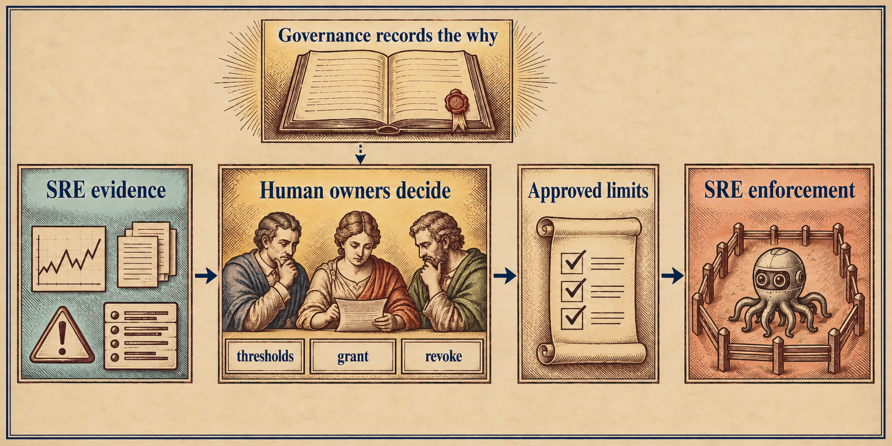 A responsibility map flows left to right: “SRE evidence” points to “Human owners decide,” with “thresholds,” “grant,” and “revoke” beneath. “Governance records the why” supports the human decision. The flow continues through “Approved limits” to “SRE enforcement,” where an agent is visibly contained by a boundary. The diagram separates human authority, governance records, operational evidence, and enforcement.
