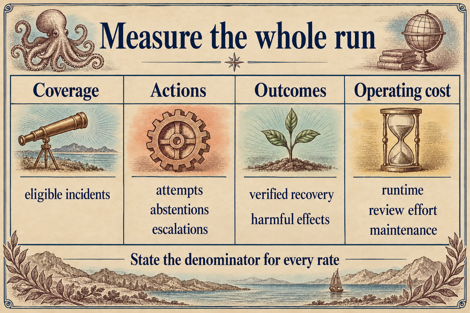 An evaluation scorecard titled “Measure the whole run.” Four columns read “Coverage” with “eligible incidents”; “Actions” with “attempts,” “abstentions,” and “escalations”; “Outcomes” with “verified recovery” and “harmful effects”; and “Operating cost” with “runtime,” “review effort,” and “maintenance.” The footer reads “State the denominator for every rate.” The figure contains no performance values.