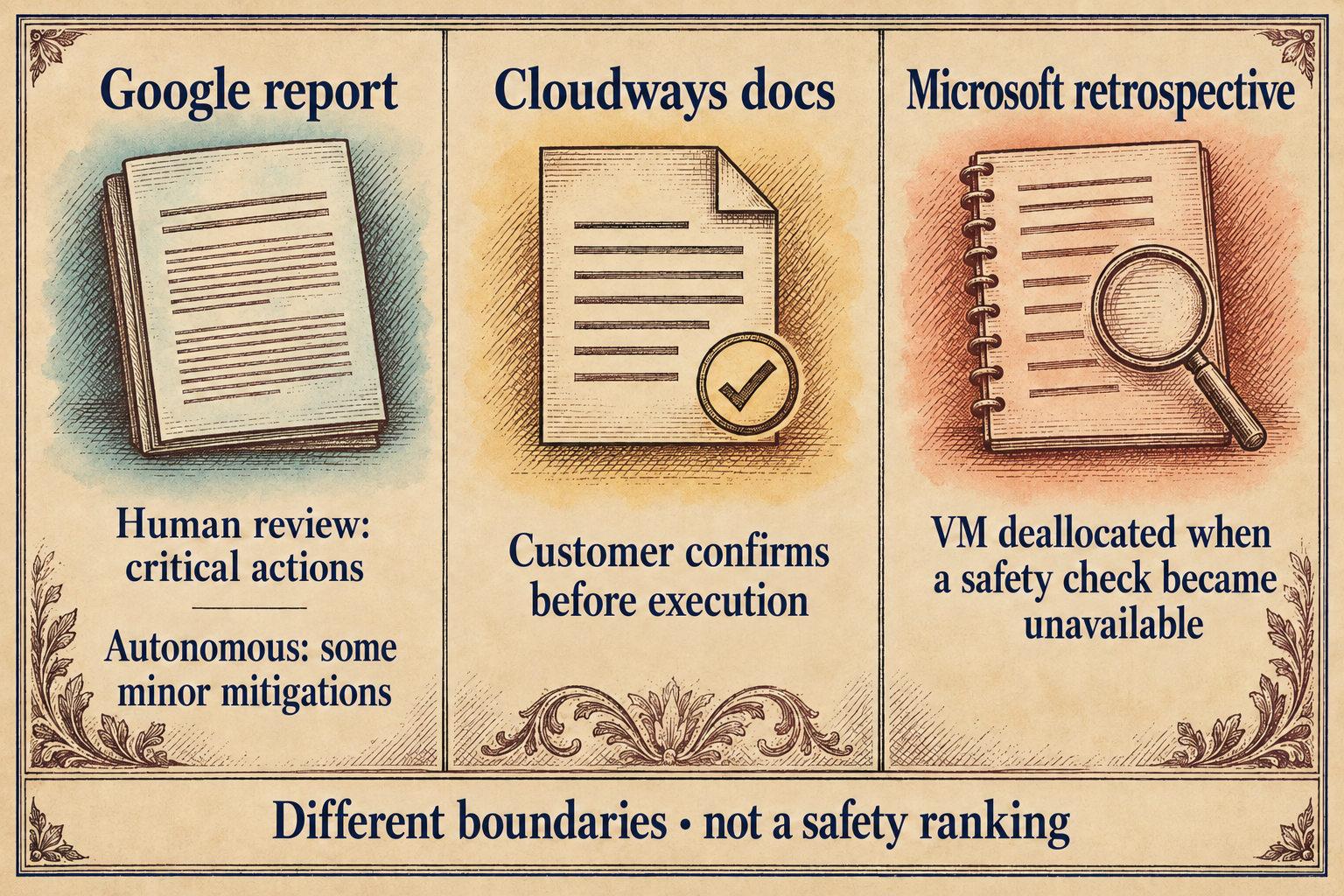 A three-column source comparison. “Google report” describes “Human review: critical actions” and “Autonomous: some minor mitigations.” “Cloudways docs” says “Customer confirms before execution.” “Microsoft retrospective” says “VM deallocated when a safety check became unavailable.” The footer reads “Different boundaries • not a safety ranking.” The columns distinguish a company report, product documentation, and a retrospective, not comparable safety results.