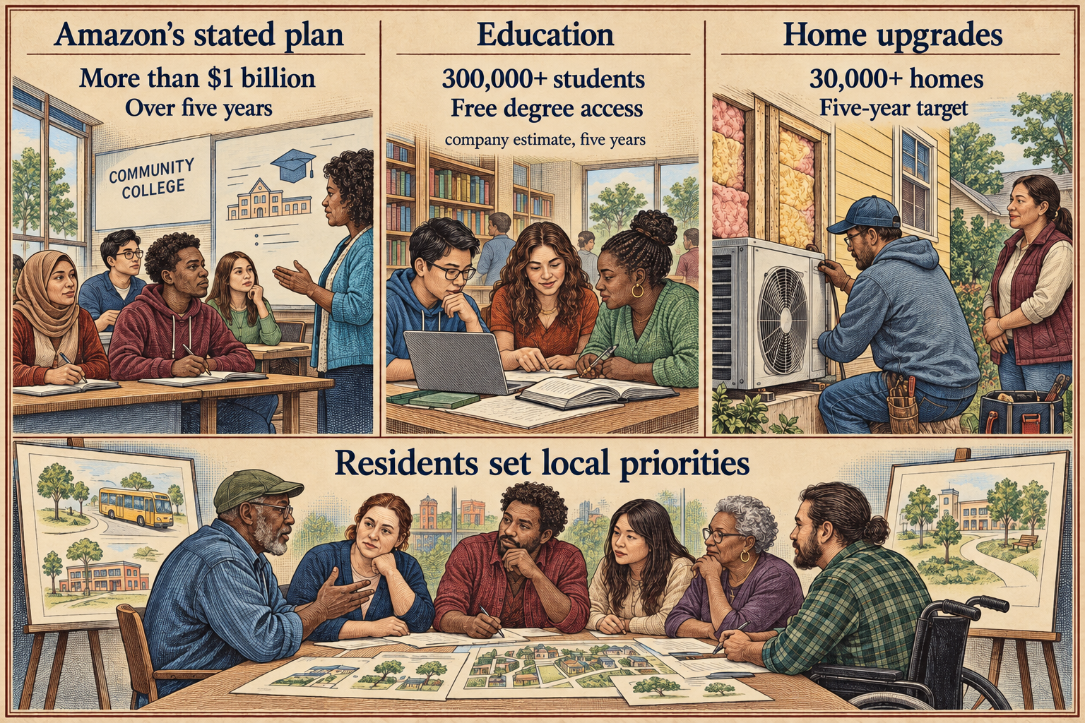 Community-college learners, a home energy upgrade, and residents discussing local priorities in a three-part illustration.