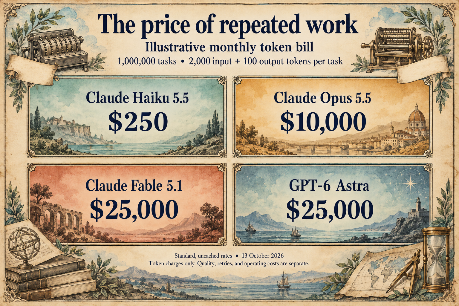 Illustrative monthly token charges for one million 2,000-input, 100-output-token tasks: Haiku $250, Opus $10,000, Fable and Astra $25,000.