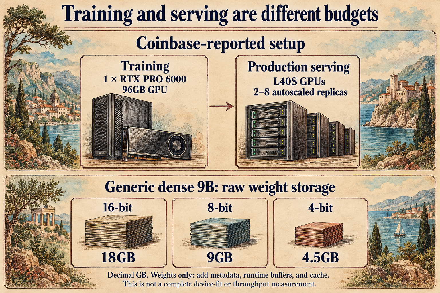 Coinbase reports a 96GB training GPU and 2–8 L40S serving replicas. Generic dense 9B raw weights require 18, 9, or 4.5GB at 16, 8, or 4 bits.