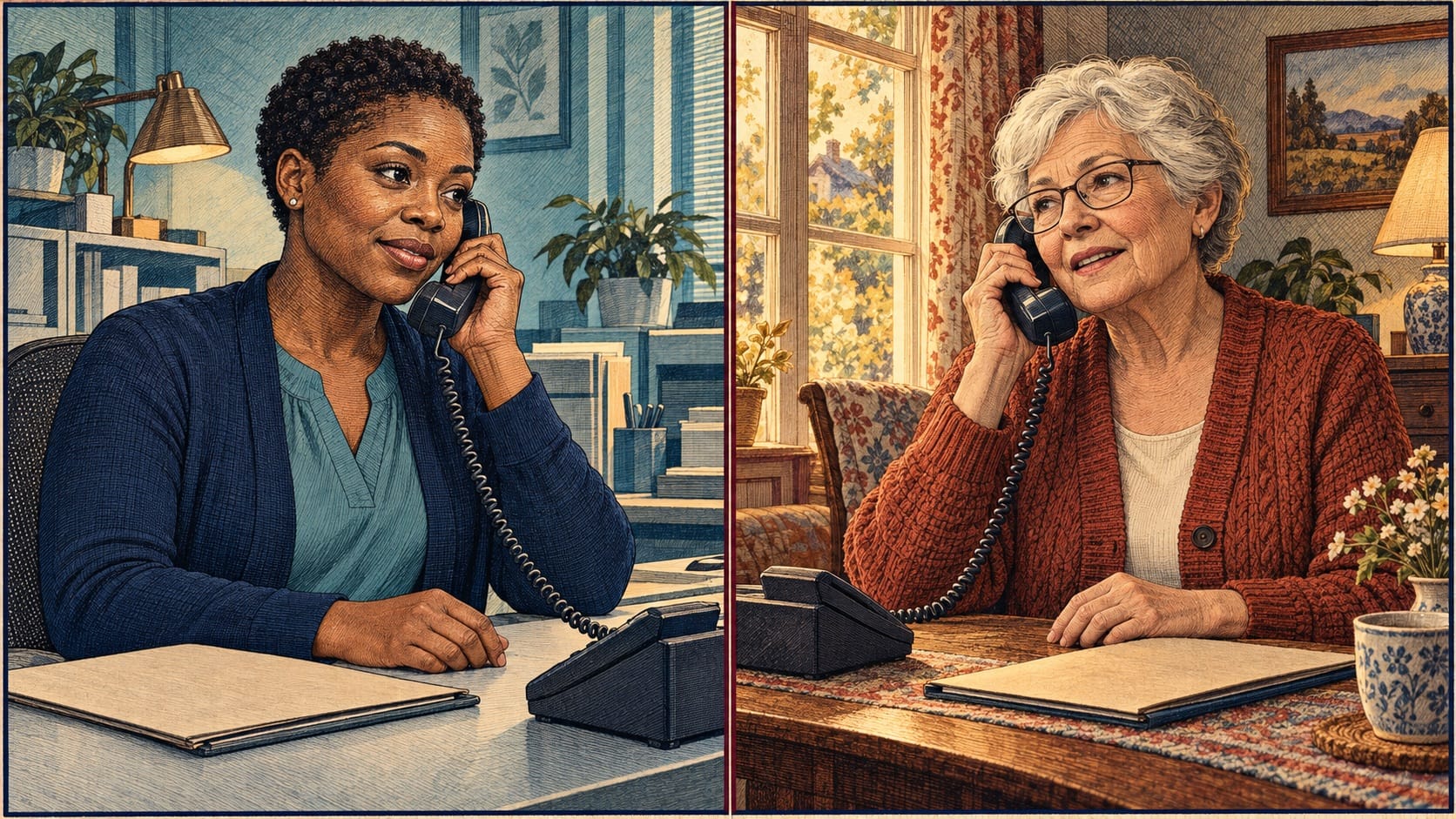 A care coordinator and an older patient speak by telephone from separate clinical and home settings.