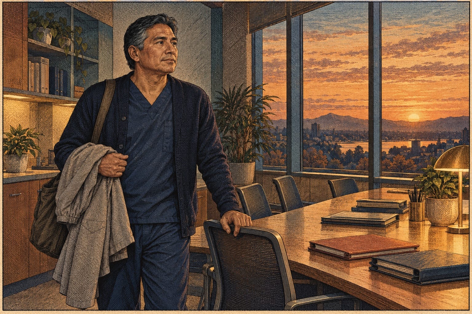 A clinician gathers a coat at dusk beside closed records in a quiet clinical workroom.