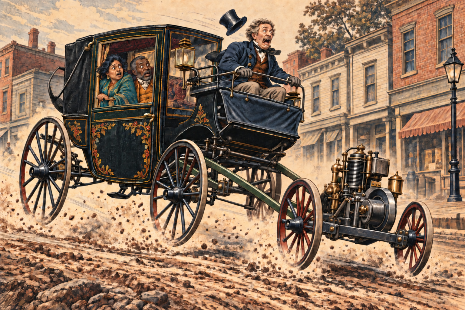 An engine on a wheeled cradle pulls an ornate carriage; a terrified coachman and two passengers brace themselves as the carriage bounces.