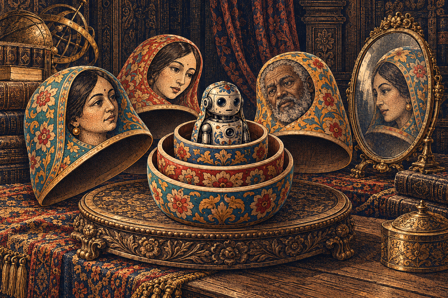 Nested painted wooden shells surround an AI doll; an ornate side mirror reflects a human-painted outer shell.