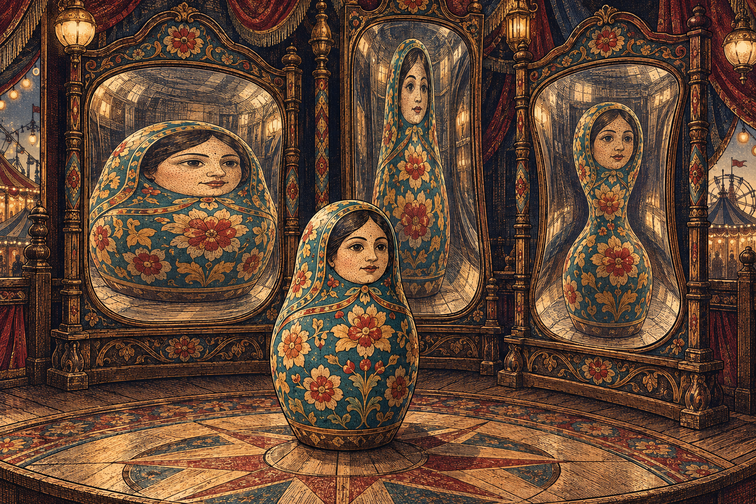 One painted wooden doll faces three ornate mirrors reflecting the same floral figure as broad, tall, and hourglass-shaped.