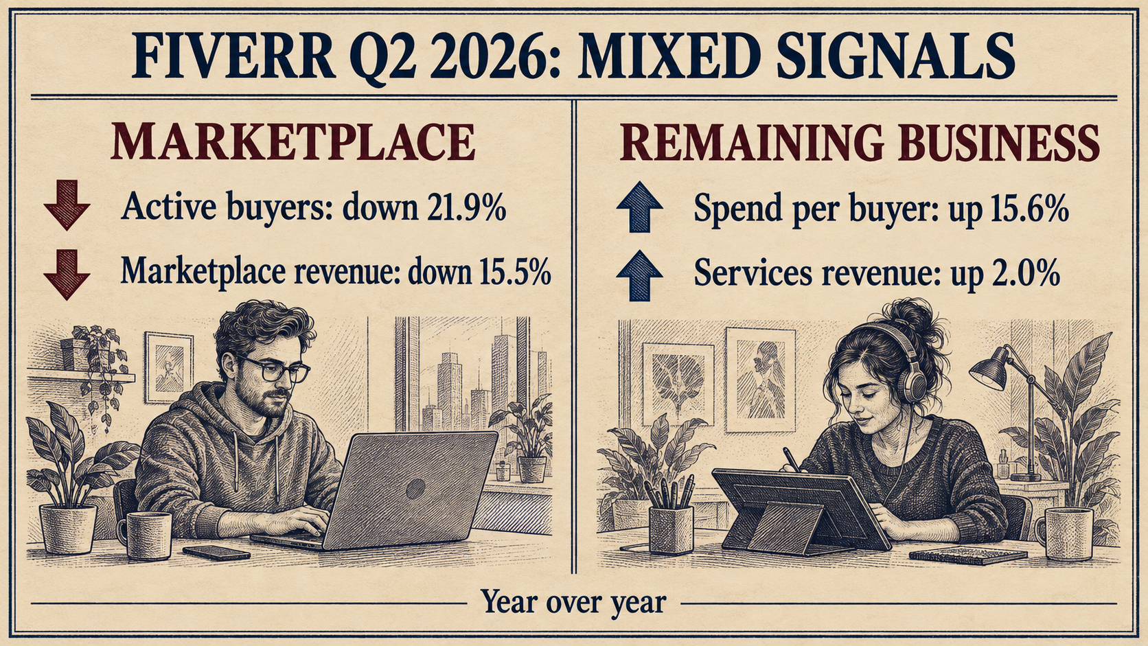 Vintage engraved two-panel data plate on parchment. Title: Fiverr Q2 2026: Mixed Signals. Left heading, Marketplace: active buyers down 21.9% and marketplace revenue down 15.5%, both with down arrows. Right heading, Remaining Business: spend per buyer up 15.6% and services revenue up 2.0%, both with up arrows. Footer: Year over year. Small modern freelancers work at a laptop and tablet beneath the figures. Arrows indicate direction only, not relative magnitude. The comparison shows falling marketplace activity alongside higher average spend and a small services increase.