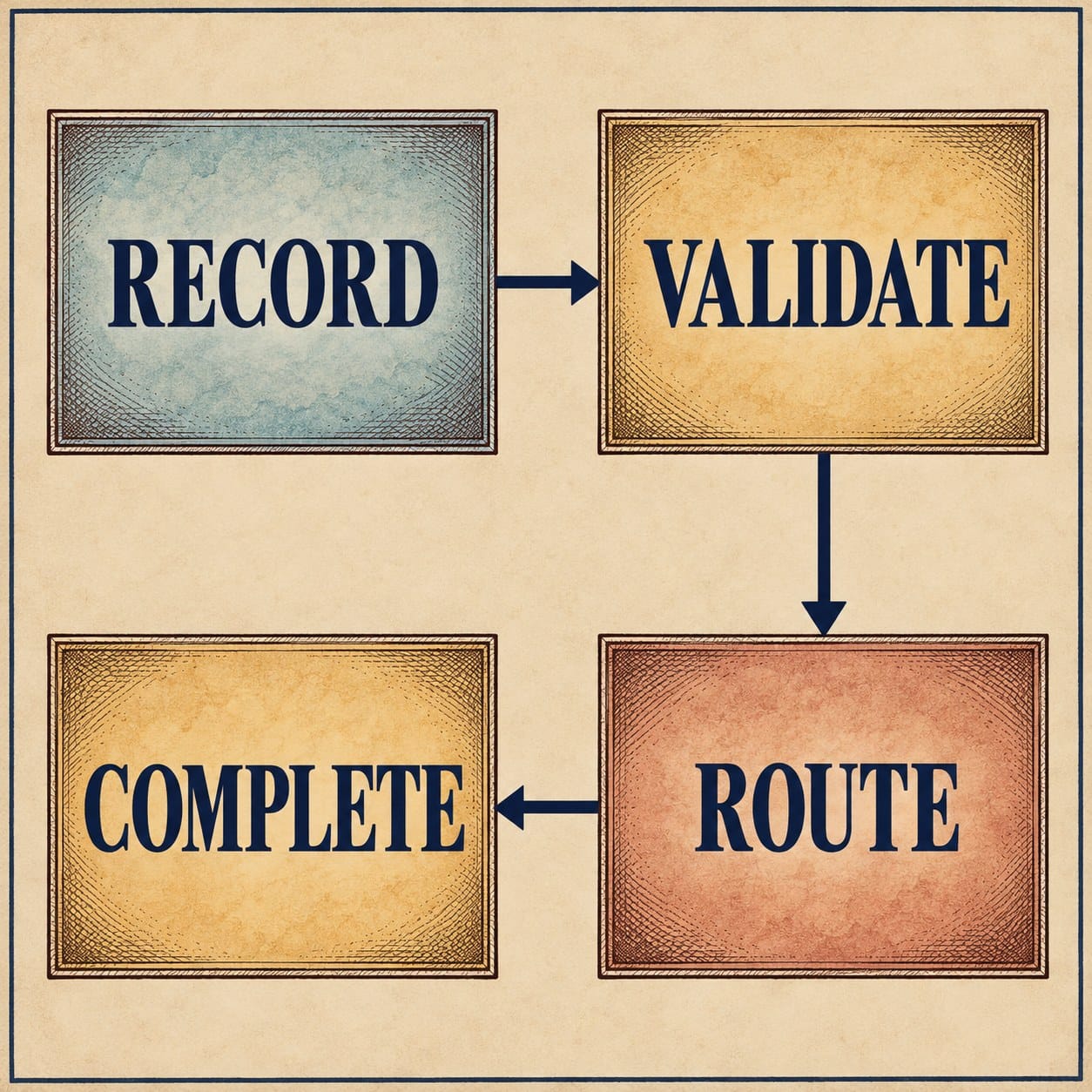 Vintage engraved process diagram on parchment: four labeled nodes, Record, Validate, Route, and Complete, connected in clockwise order by three solid arrows in a two-by-two grid, with teal, amber, and rust watercolor washes beneath cross-hatched linework and a thin navy border.