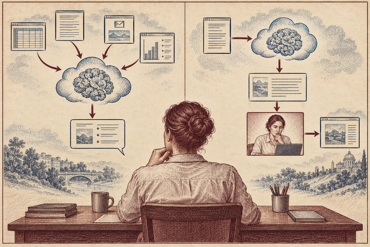 A worker reviews a connected AI workflow, with research flowing toward a human and proposed changes pausing at a review point.