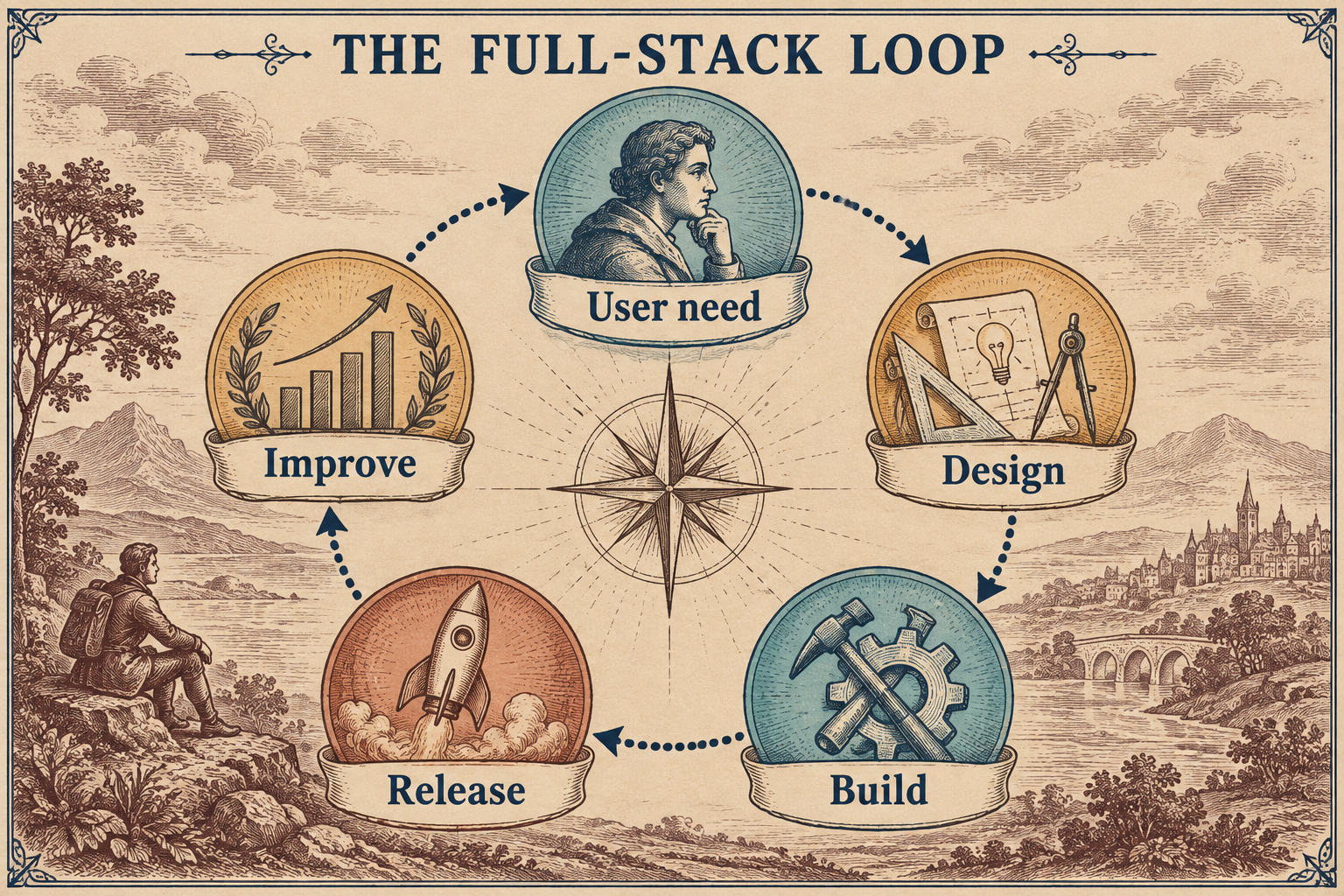 A five-stage clockwise loop titled The Full-Stack Loop connects User need, Design, Build, Release, and Improve, with Improve returning to the original User need node. Teal, amber, and rust washes distinguish inputs, judgment, and release. The diagram presents a route for one bounded product problem, not a rule that every team must organize its roles identically.