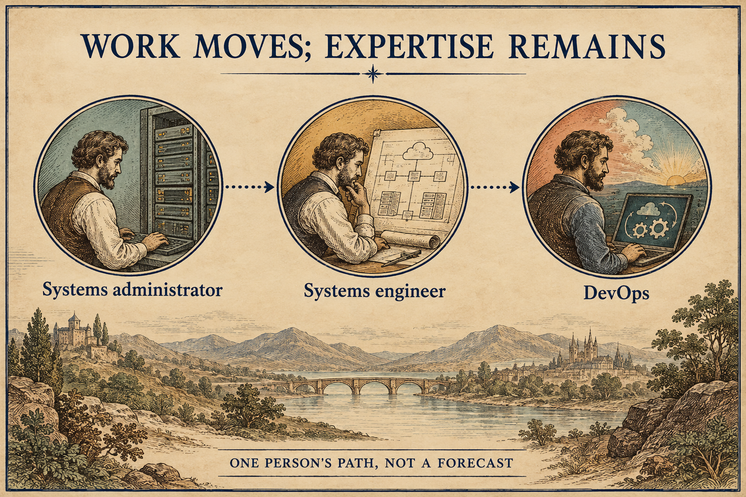 A three-node timeline reads Systems administrator, Systems engineer, and DevOps in that order. Its subtitle says One person's path, not a forecast. It presents Magnus's career progression as one example of work and expertise crossing boundaries, not a prediction that everyone follows the same route or that job titles disappear.