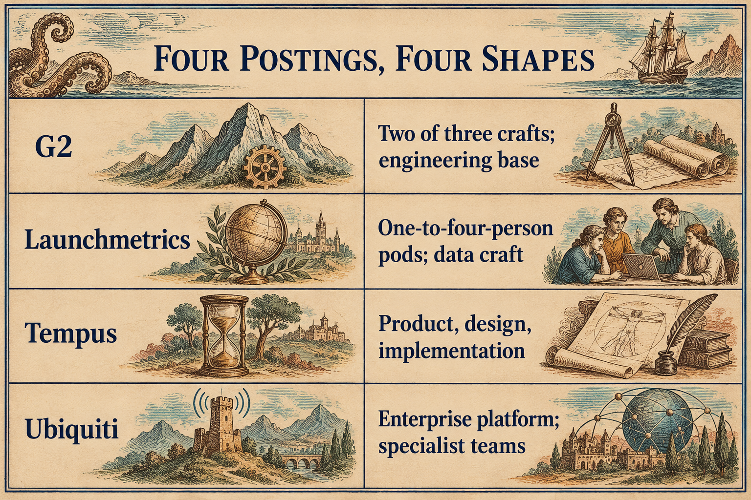 A comparison table titled Four Postings, Four Shapes pairs G2 with Two of three crafts; engineering base, Launchmetrics with One-to-four-person pods; data craft, Tempus with Product, design, implementation, and Ubiquiti with Enterprise platform; specialist teams. Equal rows show different job shapes, not a ranking or evidence that all employers use the same role design.