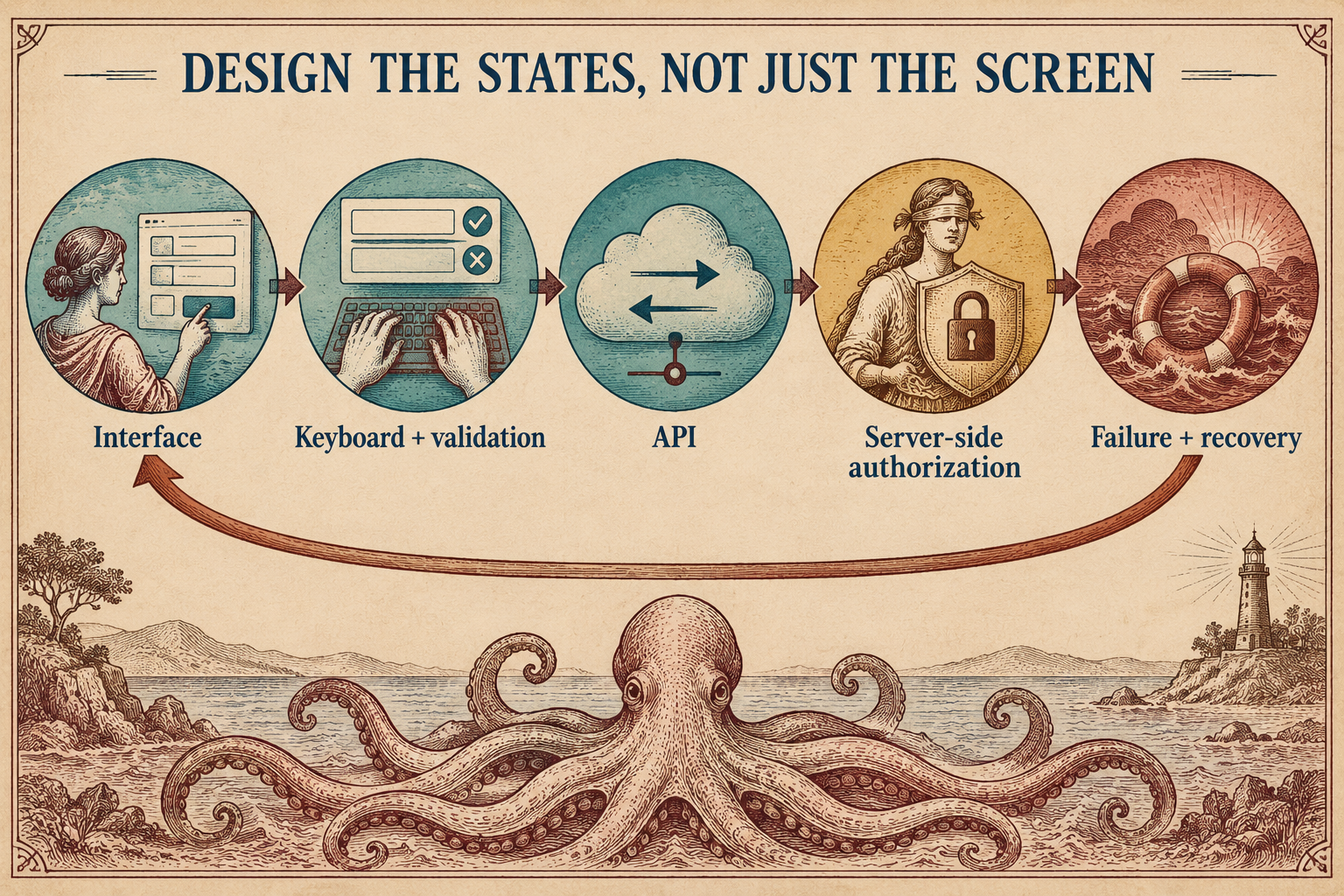 Five connected states read Interface, Keyboard + validation, API, Server-side authorization, and Failure + recovery. A return arrow leads from failure back to the interface. The figure emphasizes designed and tested behavior around a feature, not just its static screen; it claims no success rate or measured effect.
