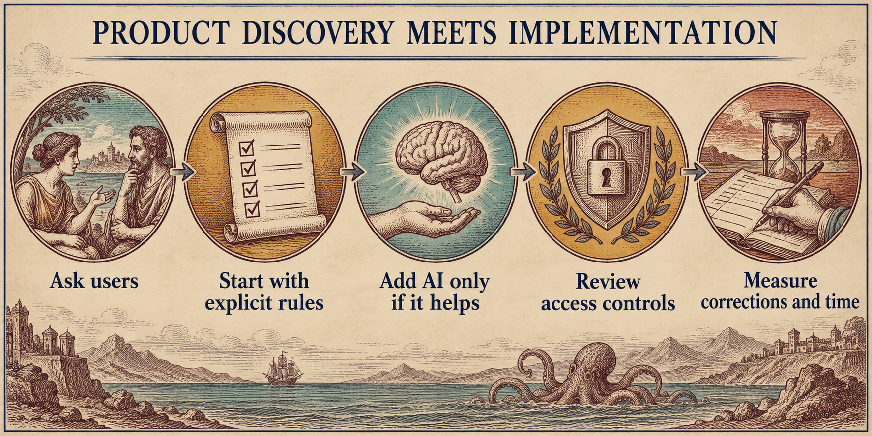 A five-step path reads Ask users; Start with explicit rules; Add AI only if it helps; Review access controls; Measure corrections and time. It shows AI classification as conditional on benefit, with human review and access safeguards, not as an automatic substitute for product judgment. No performance improvement is assumed.