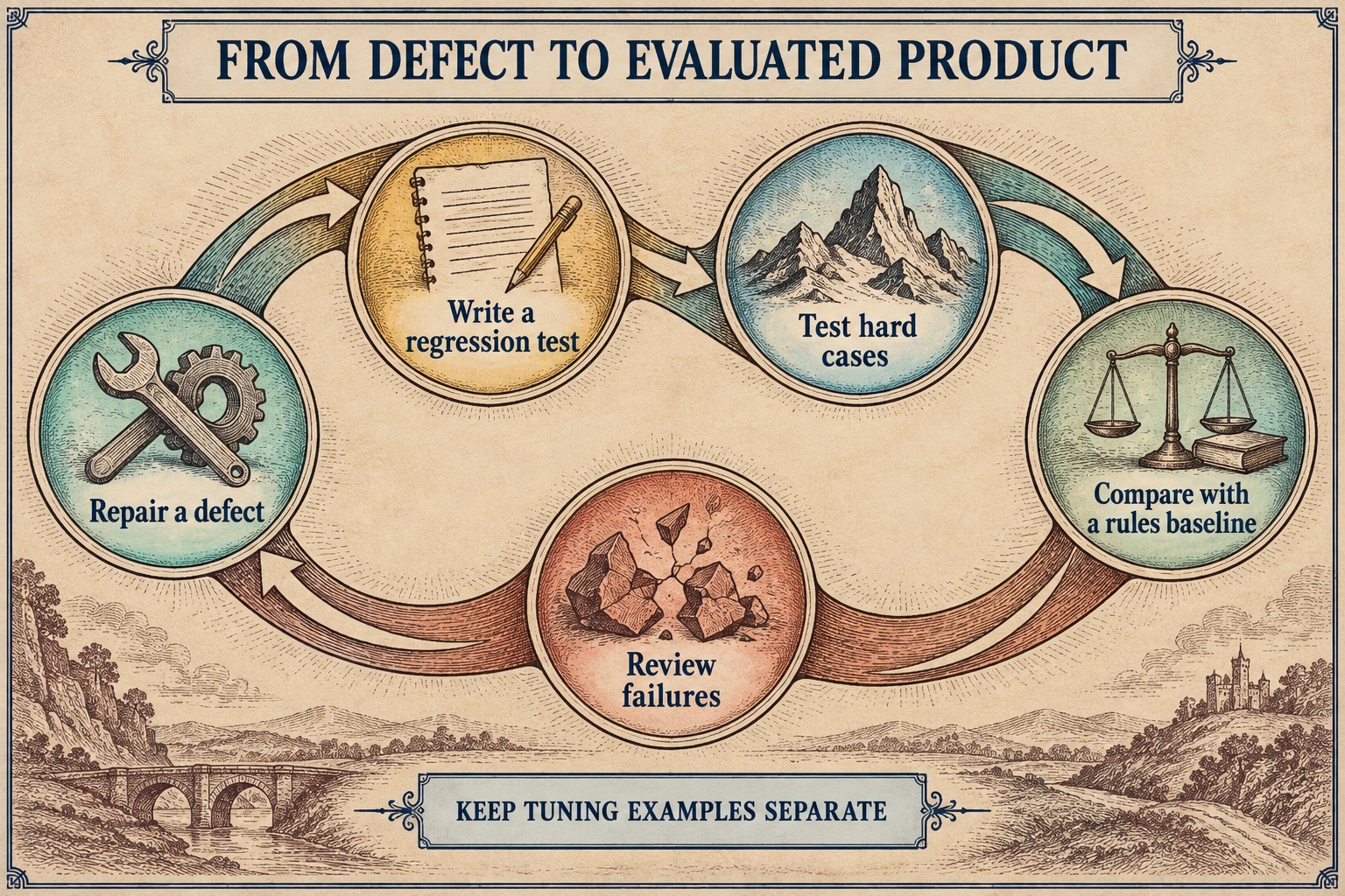 A five-step evaluation loop reads Repair a defect, Write a regression test, Test hard cases, Compare with a rules baseline, and Review failures. A separate note says Keep tuning examples separate. It shows a QA-informed path from defect repair to product evaluation and explicit failure review, without asserting an accuracy result.