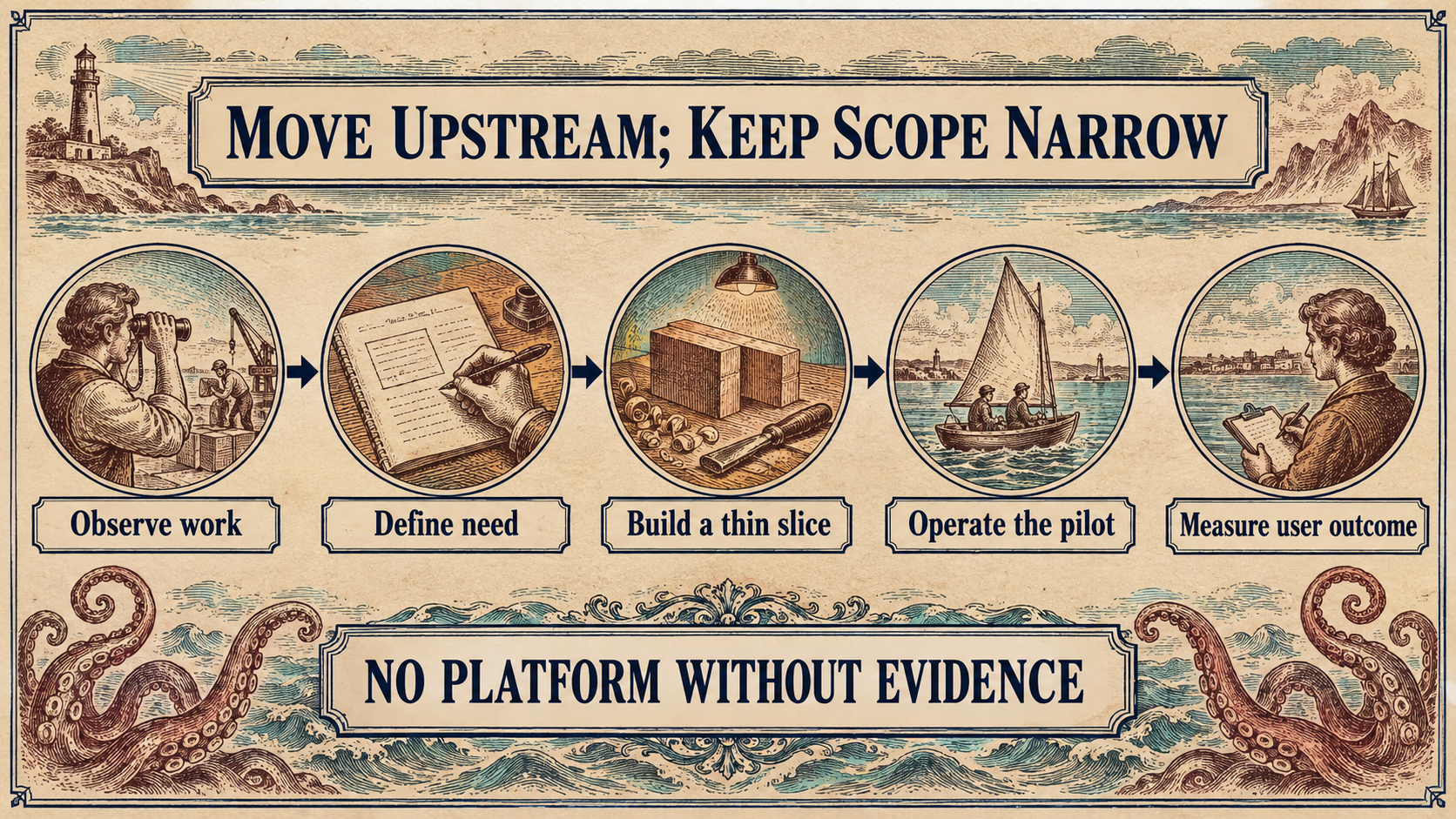 A five-step path reads Observe work, Define need, Build a thin slice, Operate the pilot, and Measure user outcome. A separate warning says No platform without evidence. The diagram distinguishes a narrow tested product change from speculative platform expansion and contains no quantitative result.