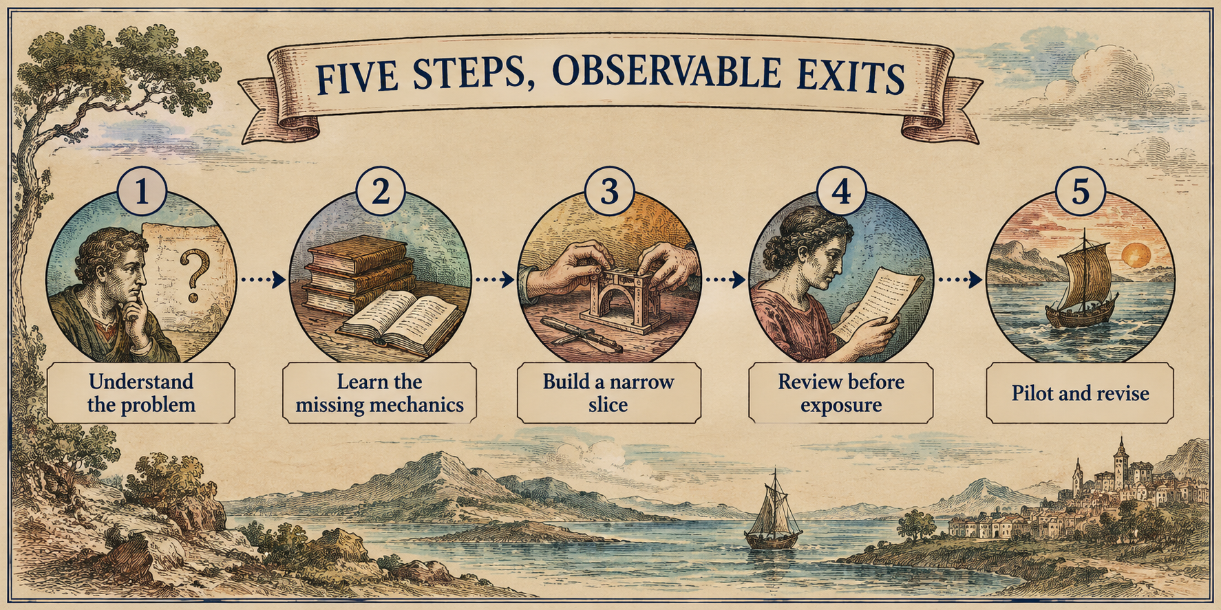 Five numbered milestones read 1 Understand the problem, 2 Learn the missing mechanics, 3 Build a narrow slice, 4 Review before exposure, and 5 Pilot and revise. The stages form a practical sequence with observable exits; no elapsed time or universal learning duration is implied.