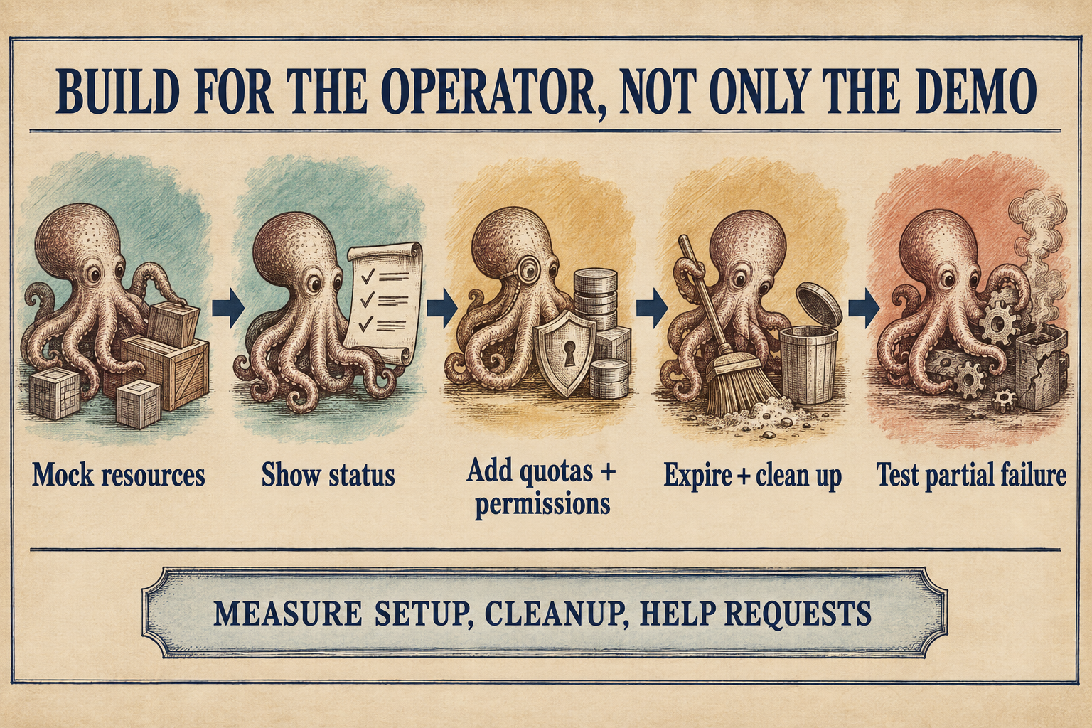 Five operations steps read Mock resources, Show status, Add quotas + permissions, Expire + clean up, and Test partial failure. A separate panel reads Measure setup, cleanup, help requests. The diagram captures safeguards and outcomes for a self-service preview tool, including recovery when provisioning fails; no measured values are shown.